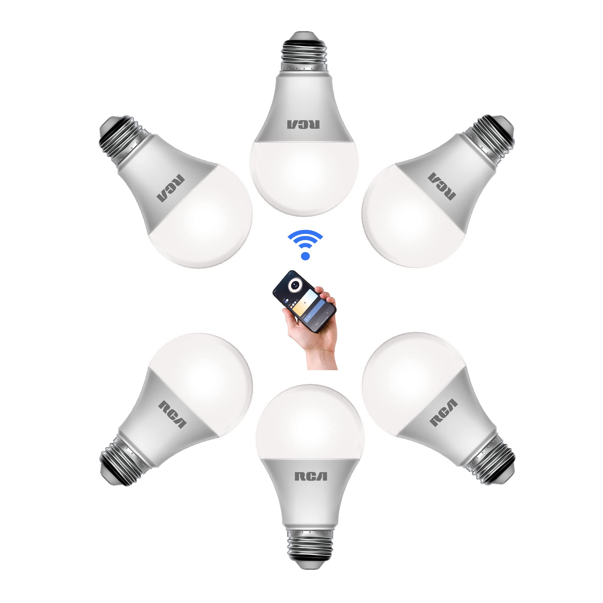 RCA Smart Light Bulbs, WiFi LED, Dimmable, 800 Lumens, 10W, Compatible with Alexa and Google, 2700K Soft White, 6-Pack