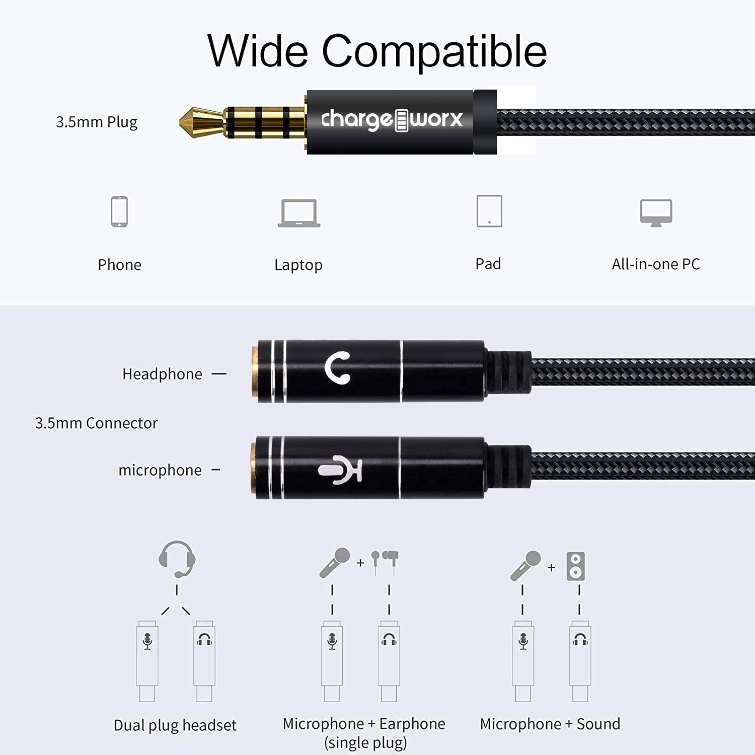 Chargeworx 3.5mm Mic & Headphone Jack Splitter Audio Y Adapter