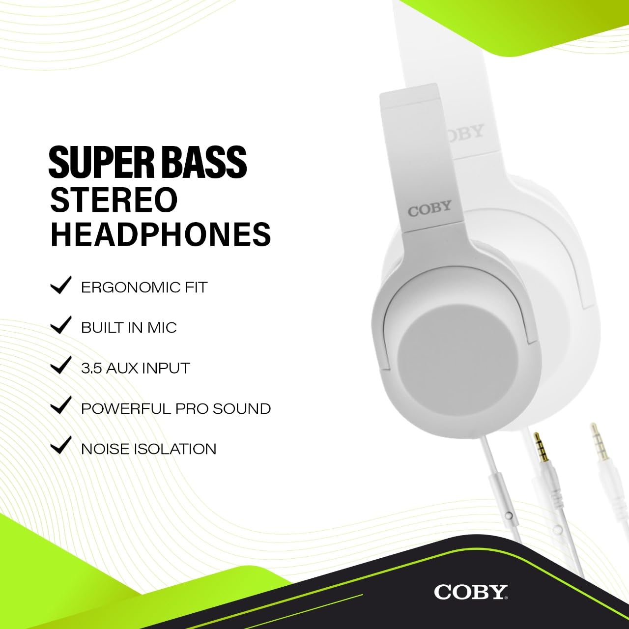 Coby Super Bass Stereo Wired Headphones, Adjustable