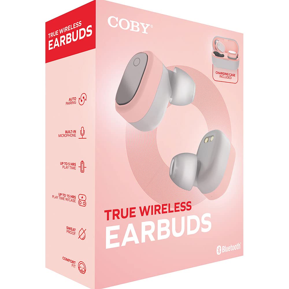 Coby True Wireless Earbuds 15-HR Battery Playback Controls Pink