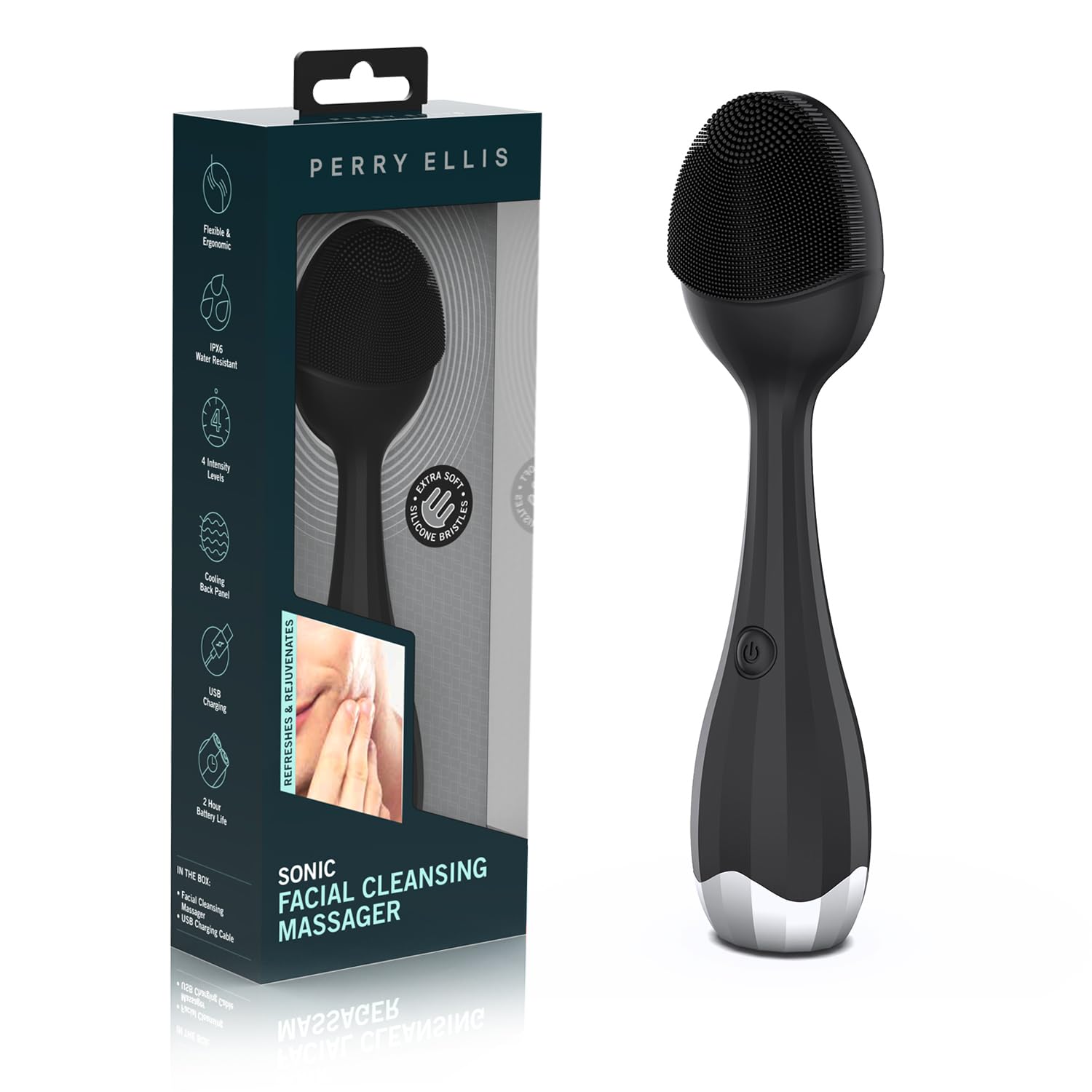 Perry Ellis Rechargeable Mens Silicone Facial Cleansing Brush, 4 Modes, Waterproof