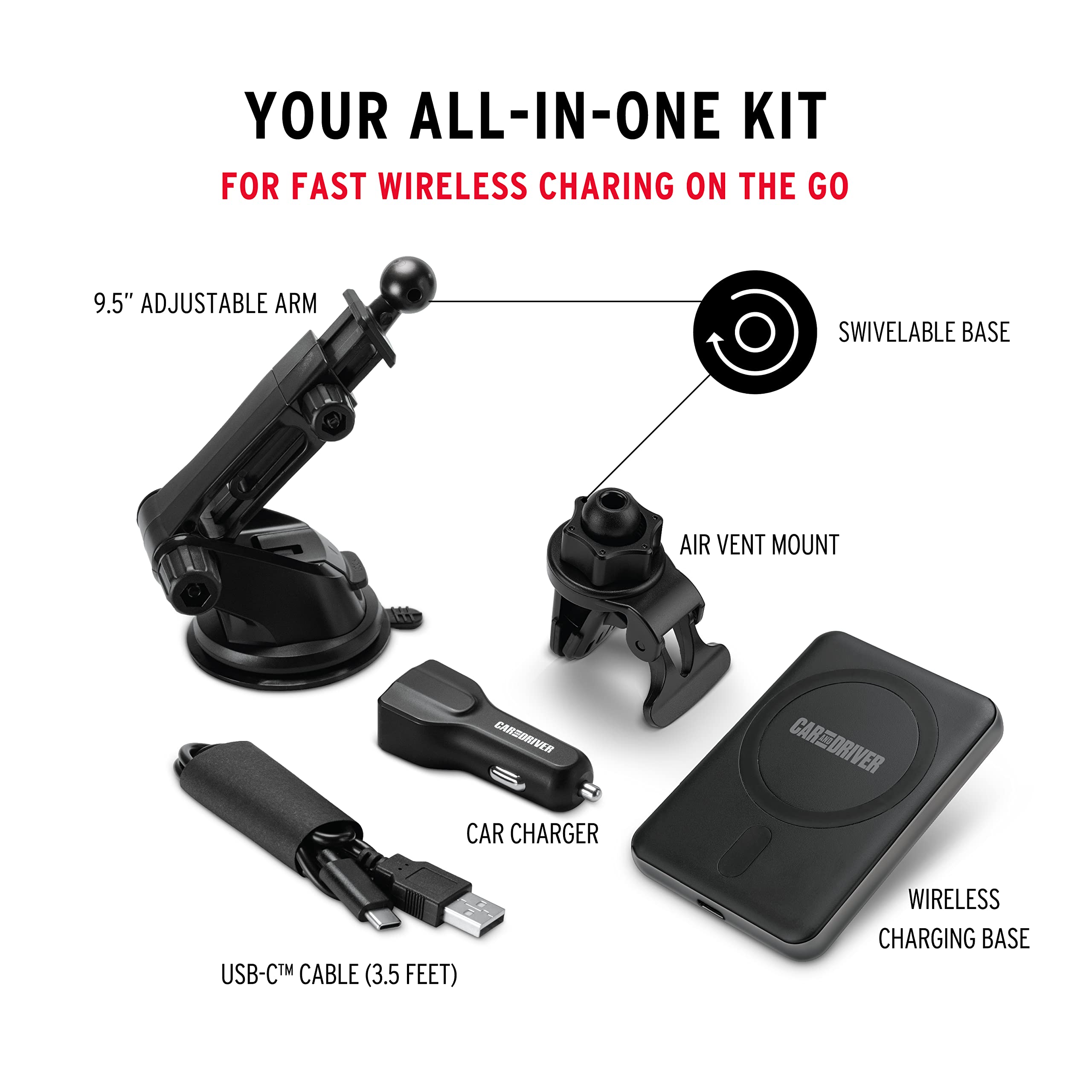 Car and Driver Magnetic Mount with Wireless Charging Sturdy Swivel Base