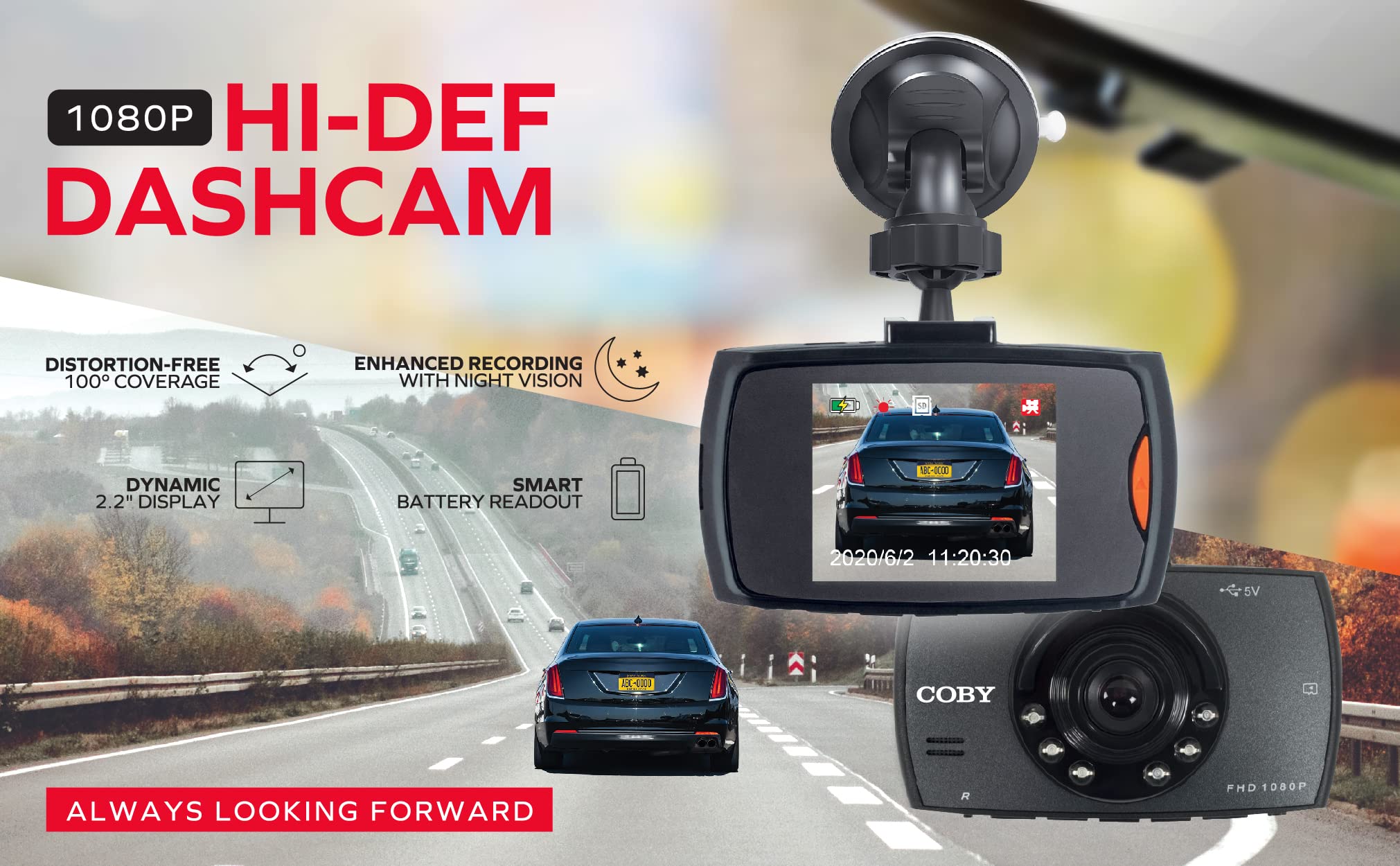 Coby 1080p Full HD Dash Cam Front