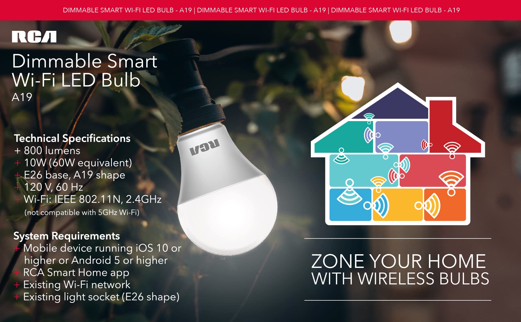 RCA Smart Light Bulbs, WiFi LED, Dimmable, 800 Lumens, 10W, Compatible with Alexa and Google, 2700K Soft White, 12-Pack