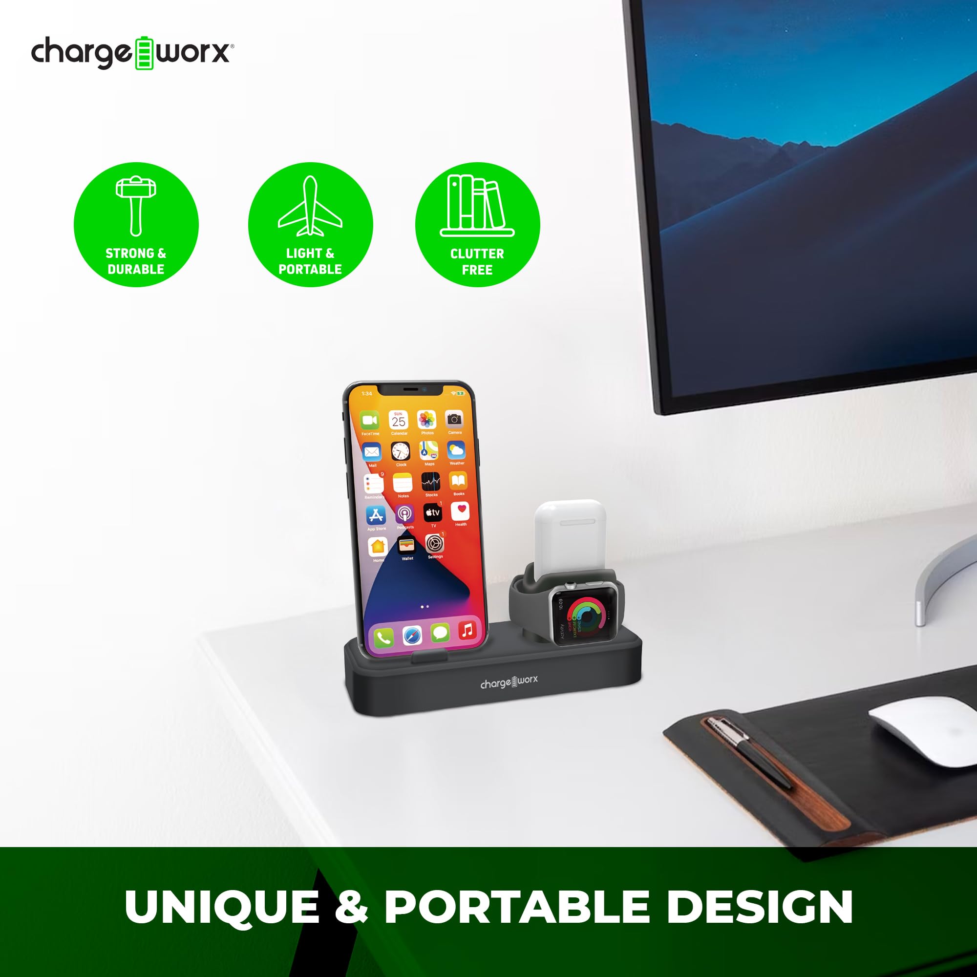 Chargeworx 3-in-1 Multi-Charging Stand for Desk Compatible Black