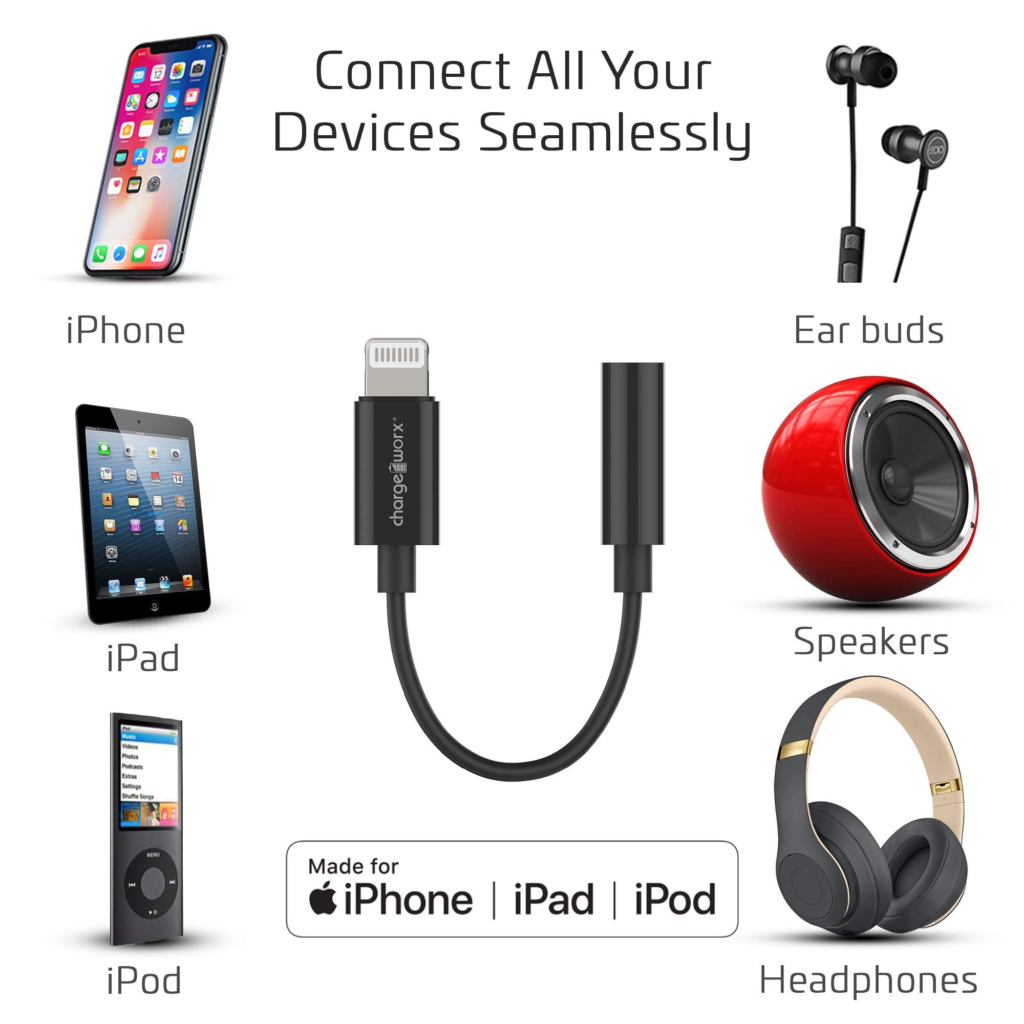 Chargeworx Headphone Adapter Lightning to 3.5mm White