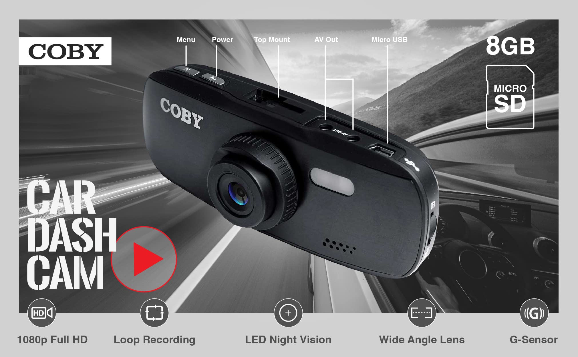 Coby Car Dash Cam Front of Car