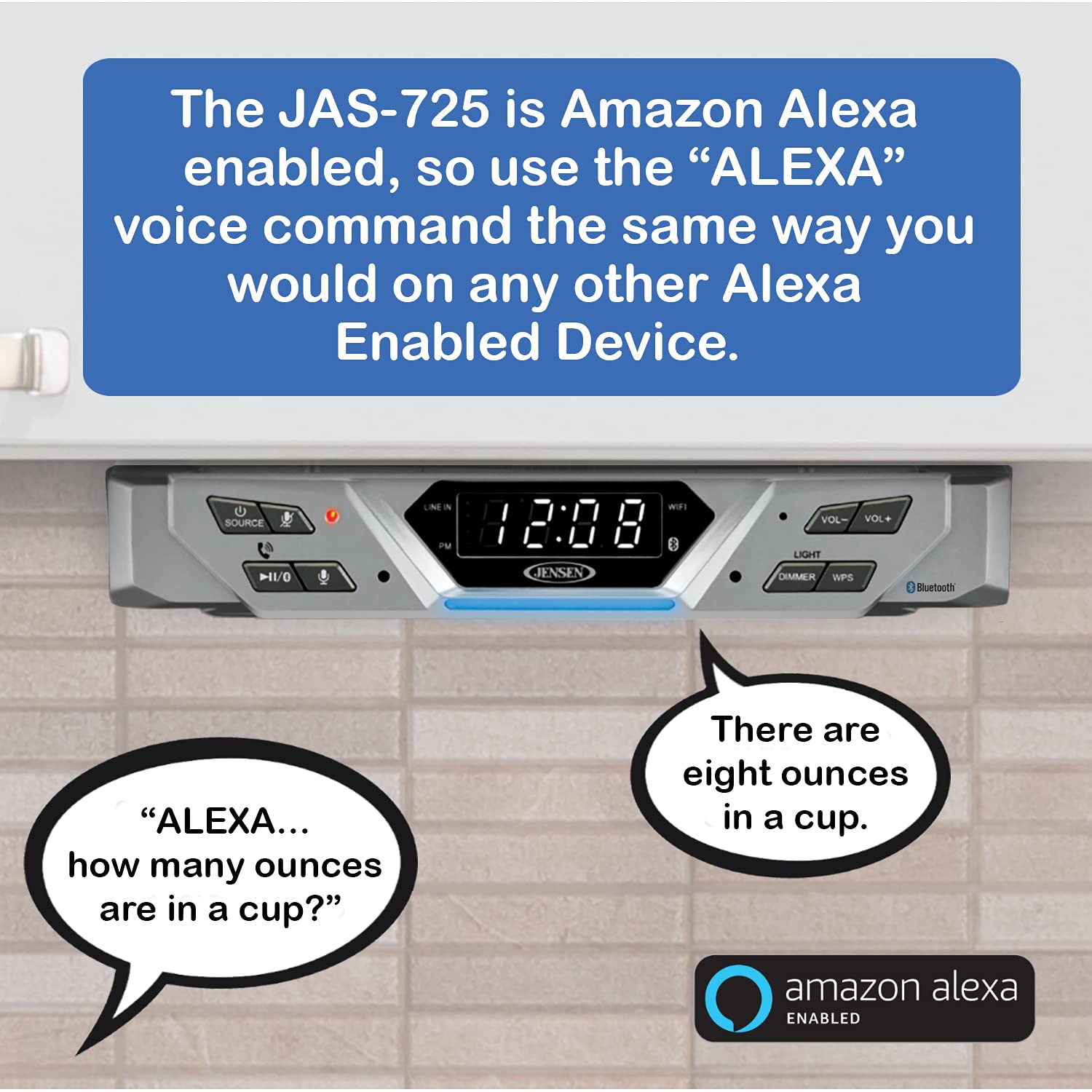 Jensen® Under Cabinet Bluetooth Music System with Alexa Far-Field and Tap to Talk