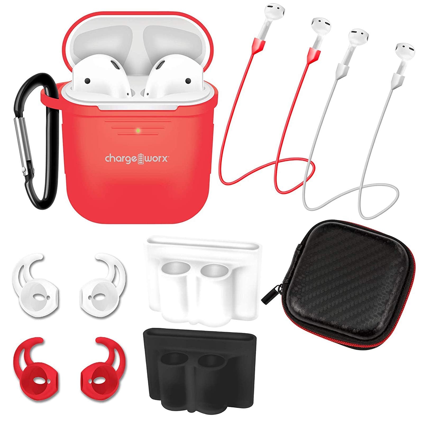 Chargeworx AirPods Case Bundle Silicone Cover Holders Carabiner Red
