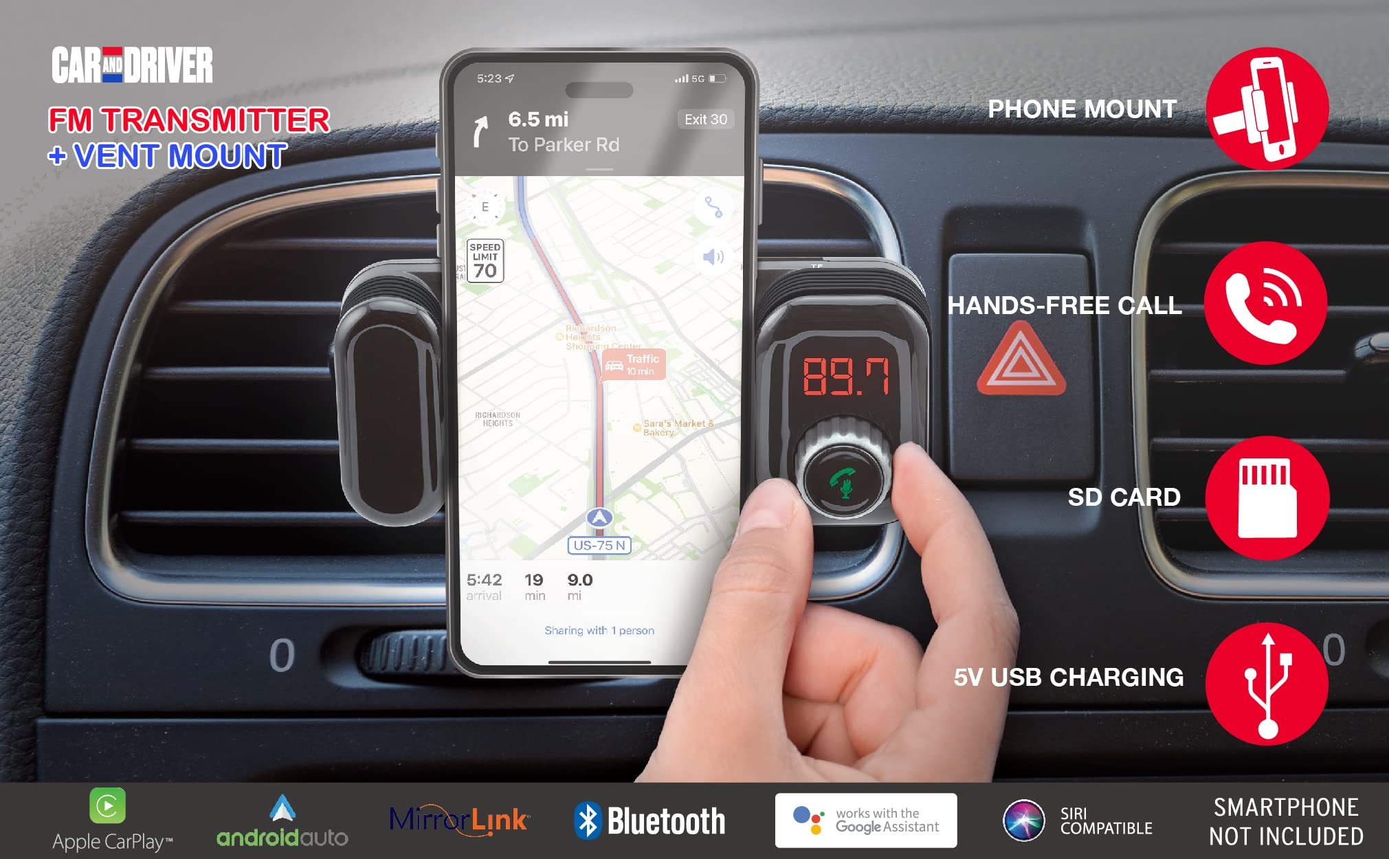 Car and Driver Bluetooth FM Transmitter & Car Vent Phone Mount