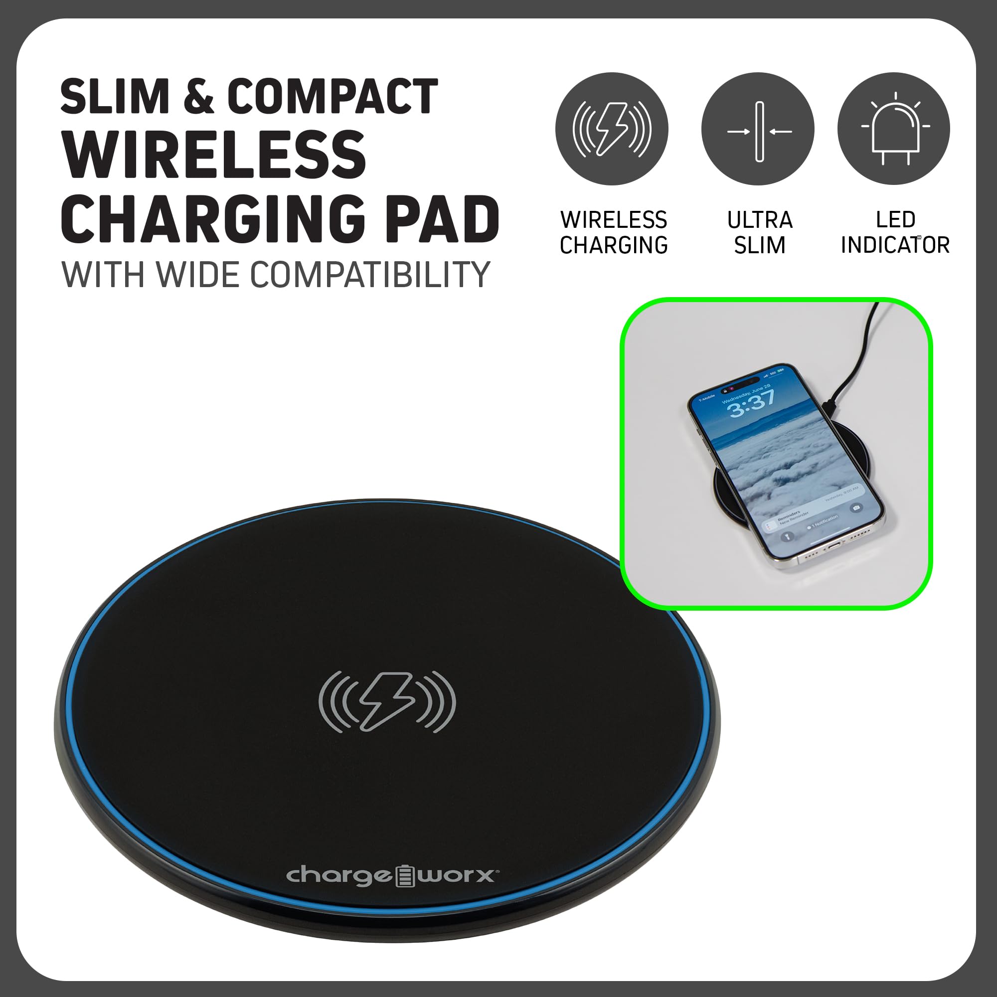 Chargeworx Compact Wireless Charging Pad 10W LED Indicator