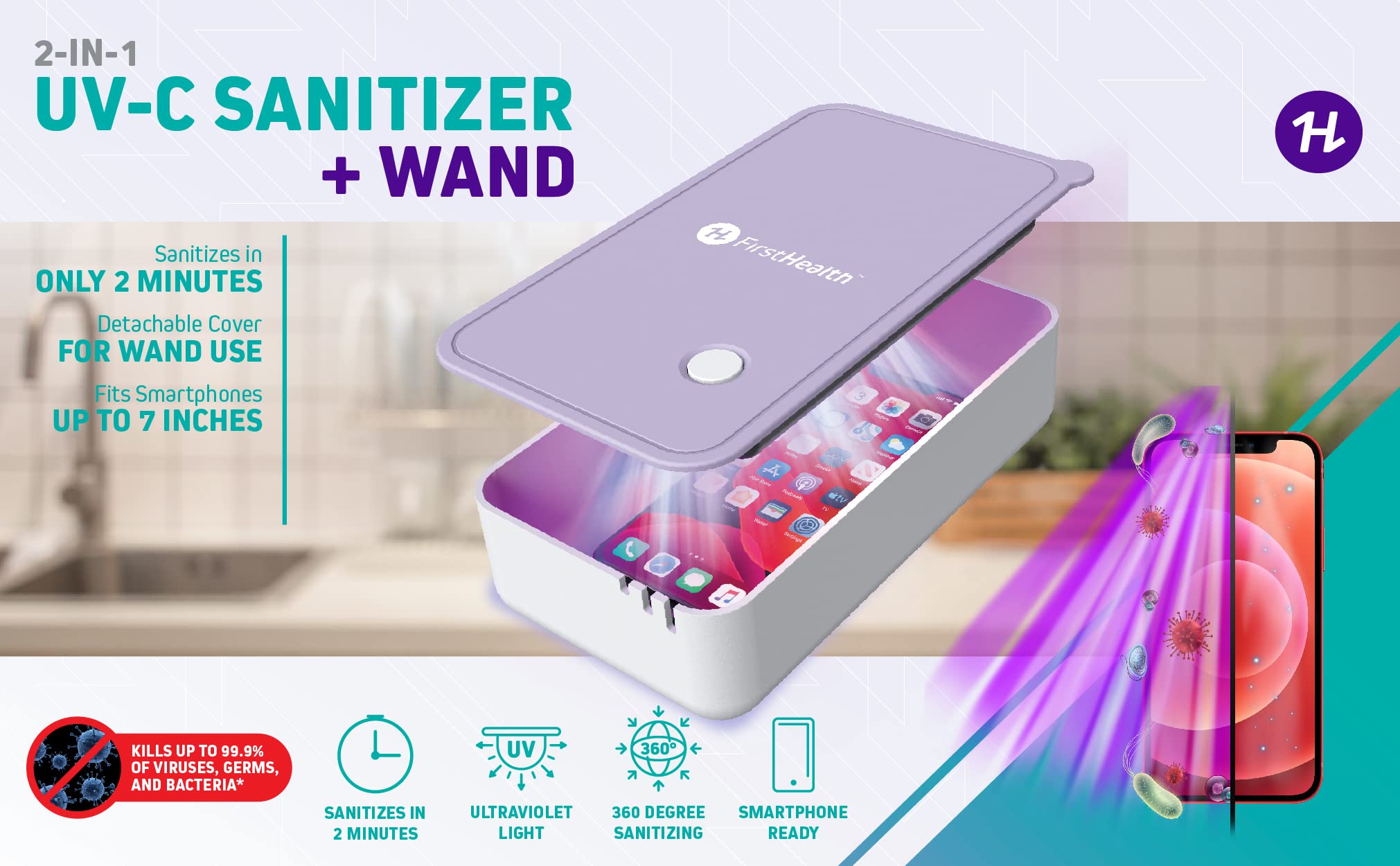 FIRSTHEALTH 2-In-1 UV Sanitizing Box with Detachable Lid Wand