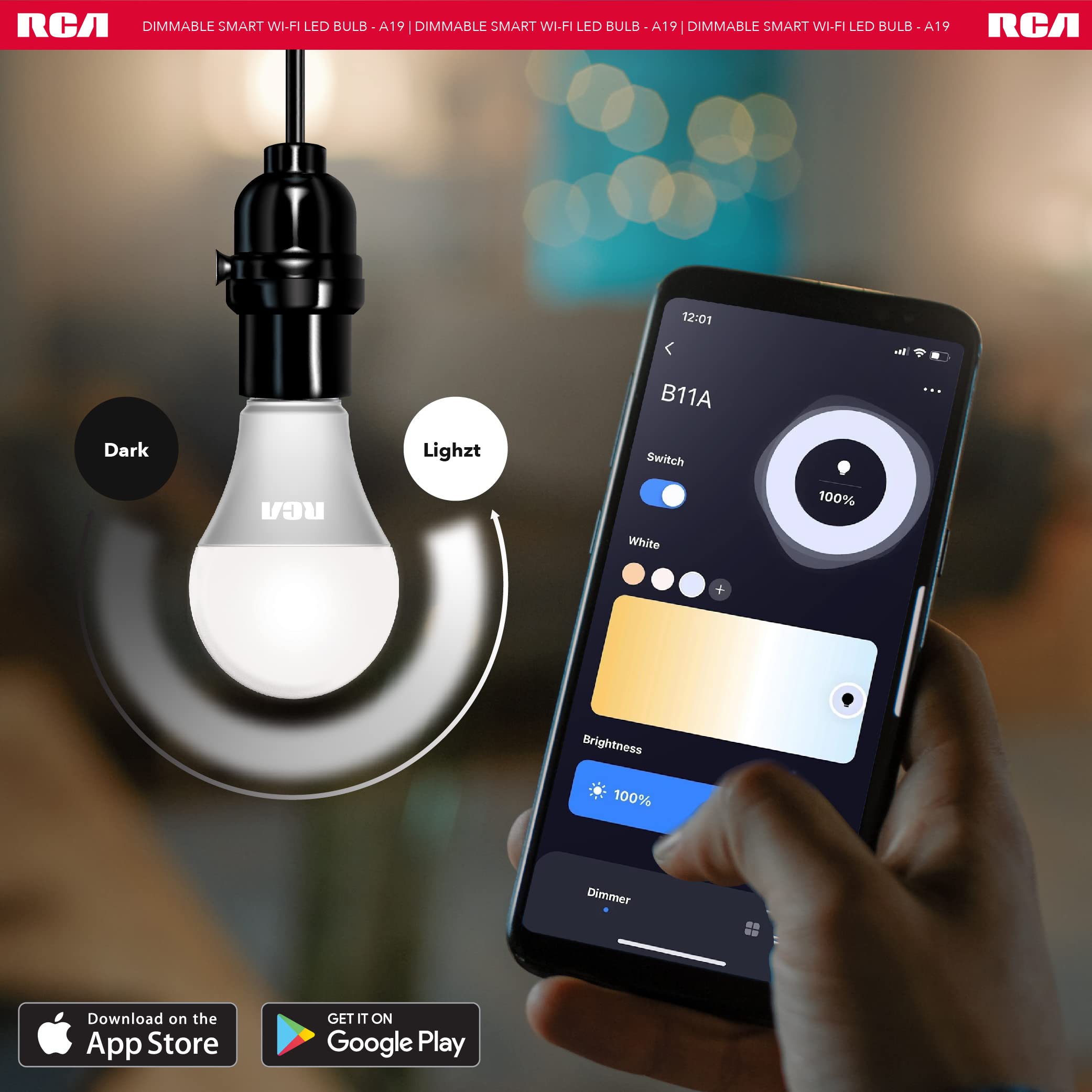 RCA Smart Light Bulbs, WiFi LED, Dimmable, 800 Lumens, 10W, Compatible with Alexa and Google, 2700K Soft White, 4-Pack