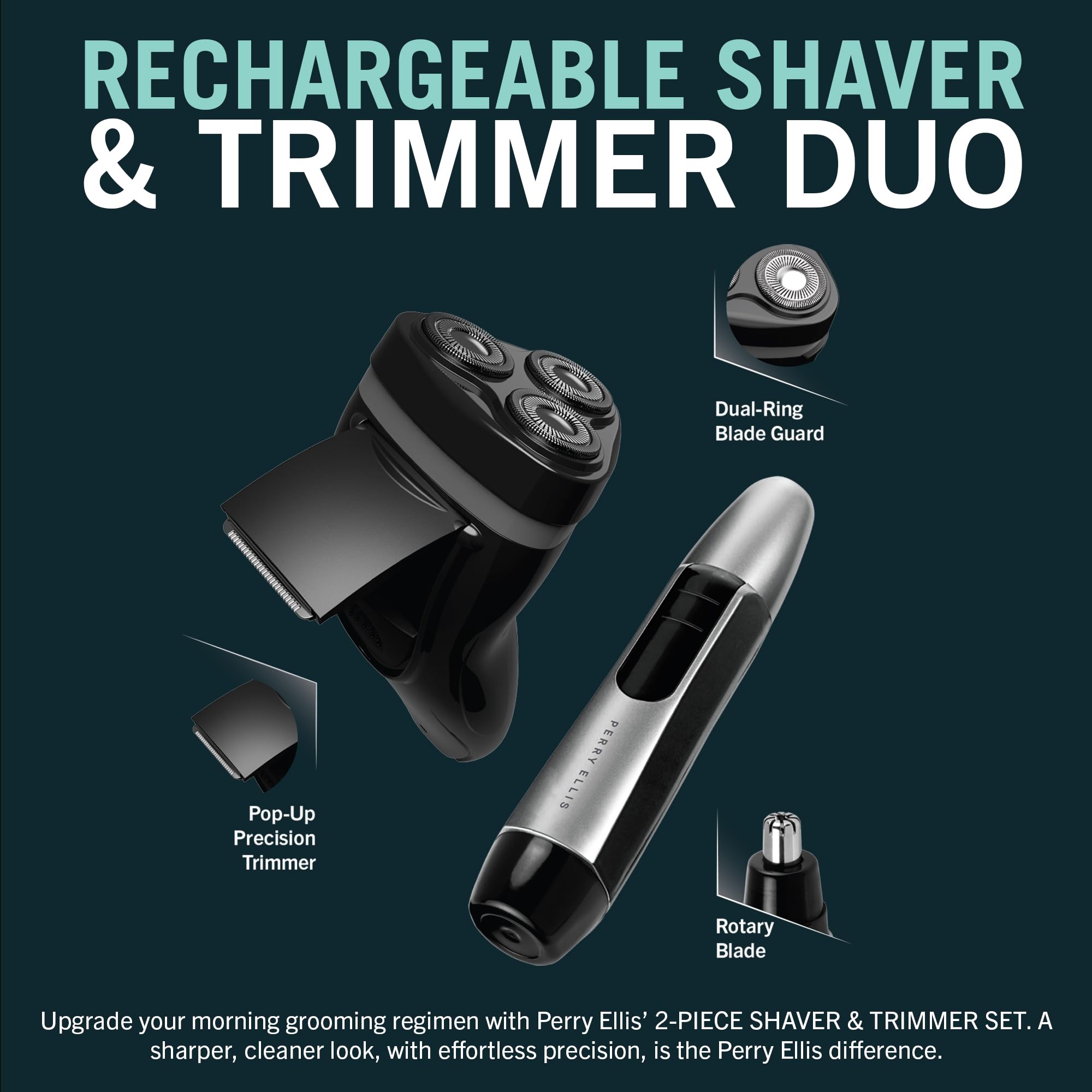 Perry Ellis Grooming Duo: Rechargeable Shaver, Nose & Ear Trimmer, 3 Foil Blades, Washable