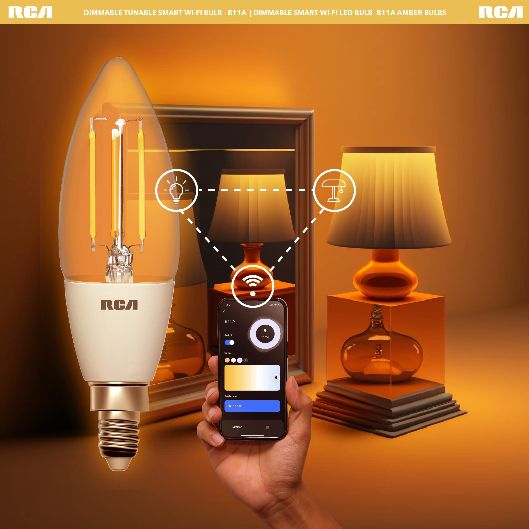 RCA Dimmable and Tunable Wi-Fi Amber LED Smart Light Bulbs, Vintage B11, 4W, 320 Lumens, 6-Pack