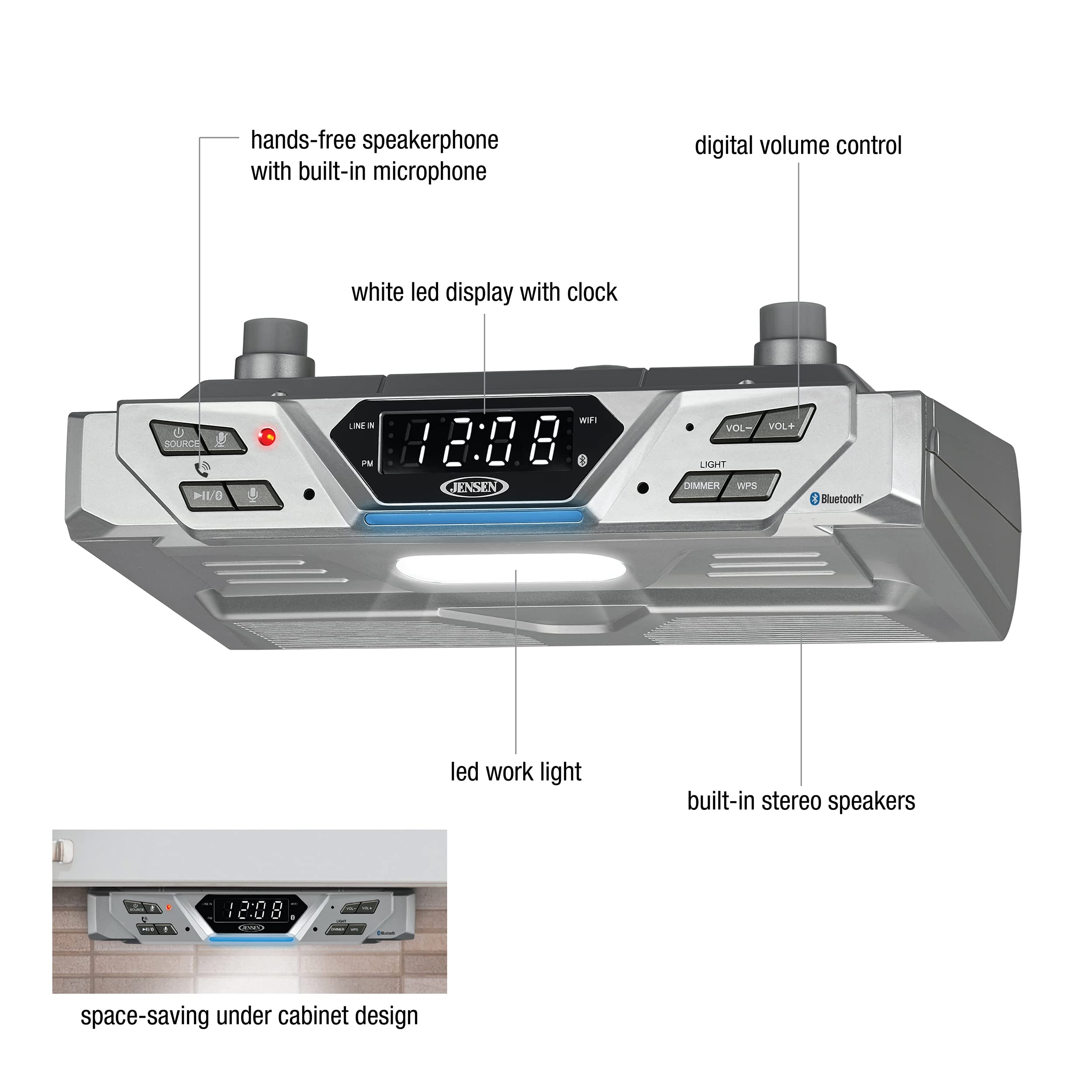 Jensen® Under Cabinet Bluetooth Music System with Alexa Far-Field and Tap to Talk