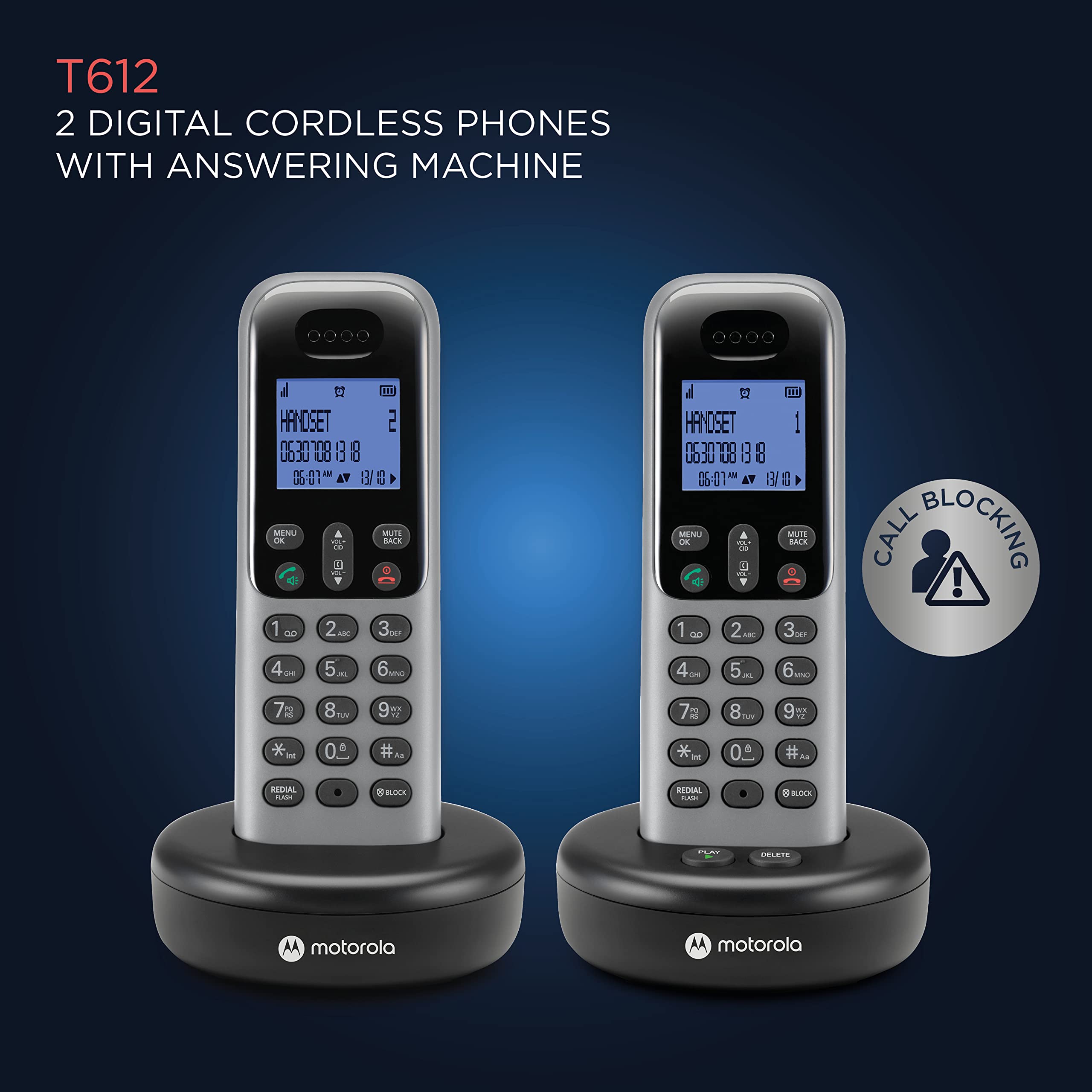 Motorola Voice Cordless Phone System, 2 Handsets, Dark Grey (T612)