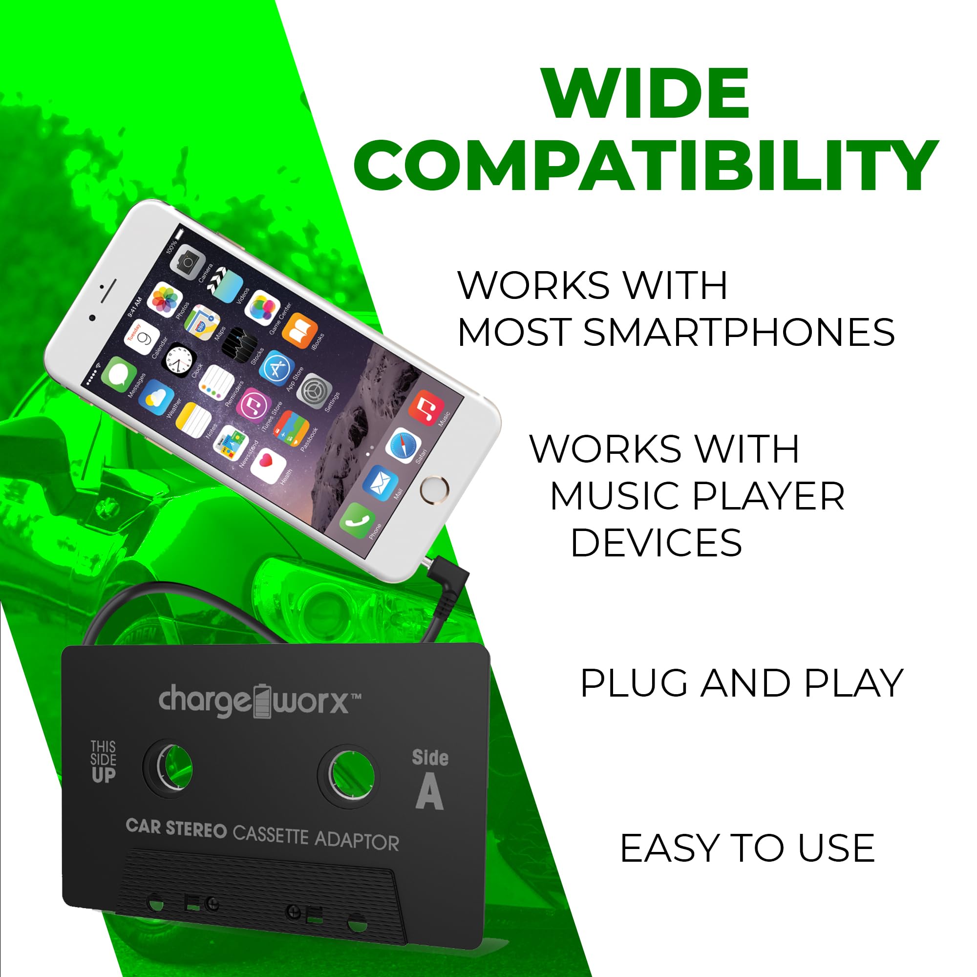 Chargeworx Car Cassette Adapter 3.5mm Aux