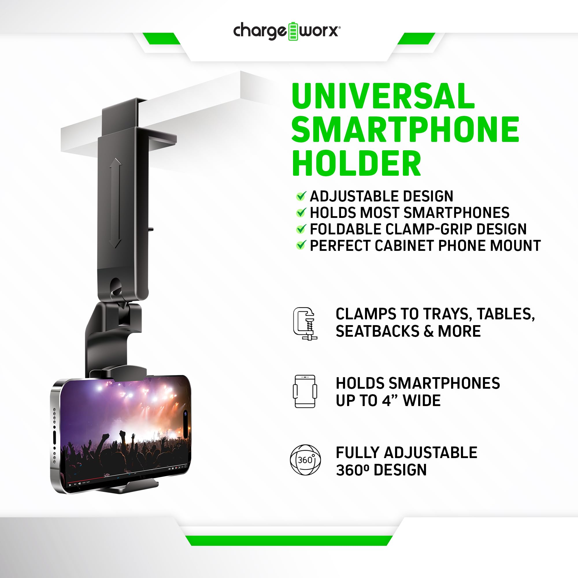 Chargeworx Foldable Hands-Free Smartphone Mount for Planes, Trains, Cars