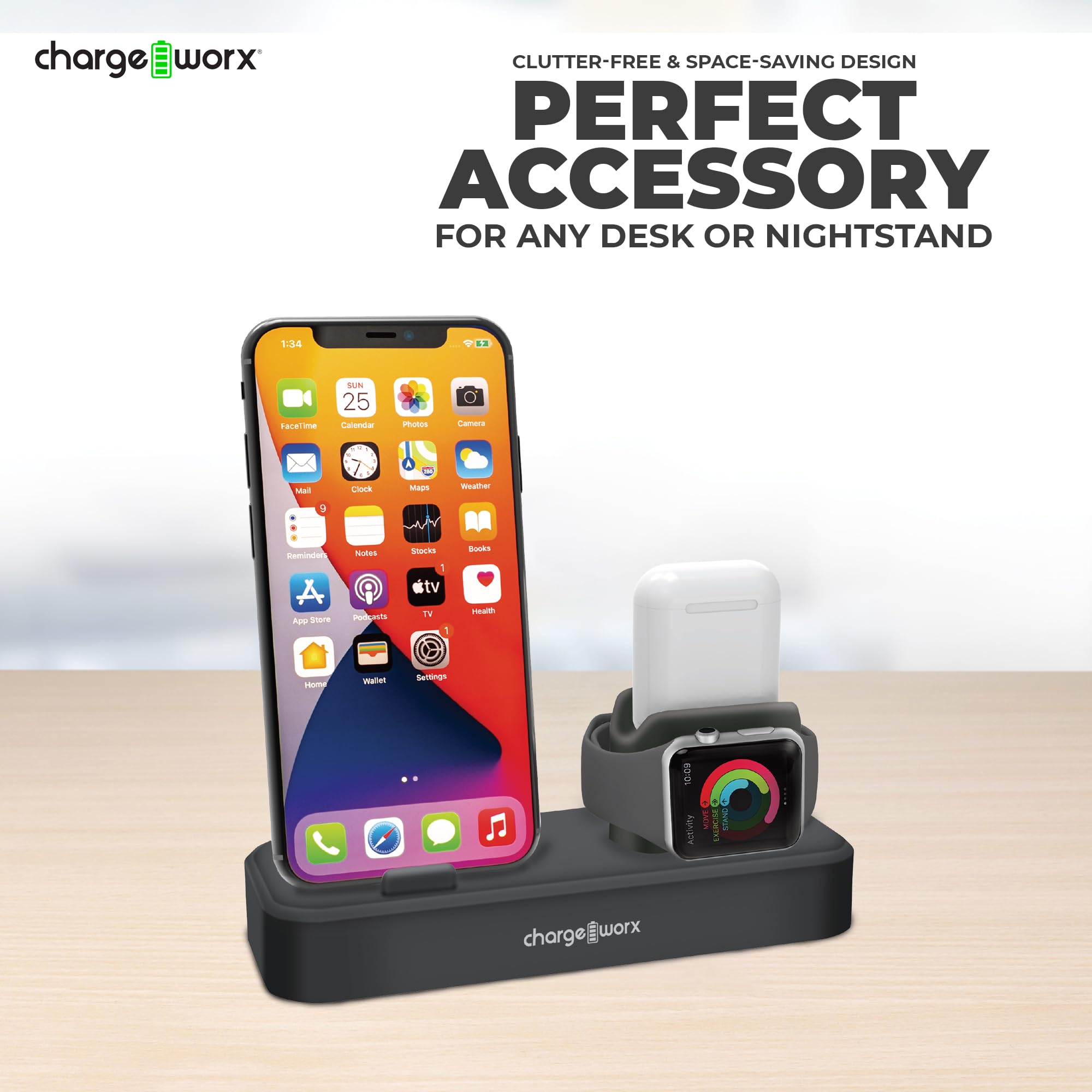Chargeworx 3-in-1 Multi-Charging Stand for Desk Compatible Black