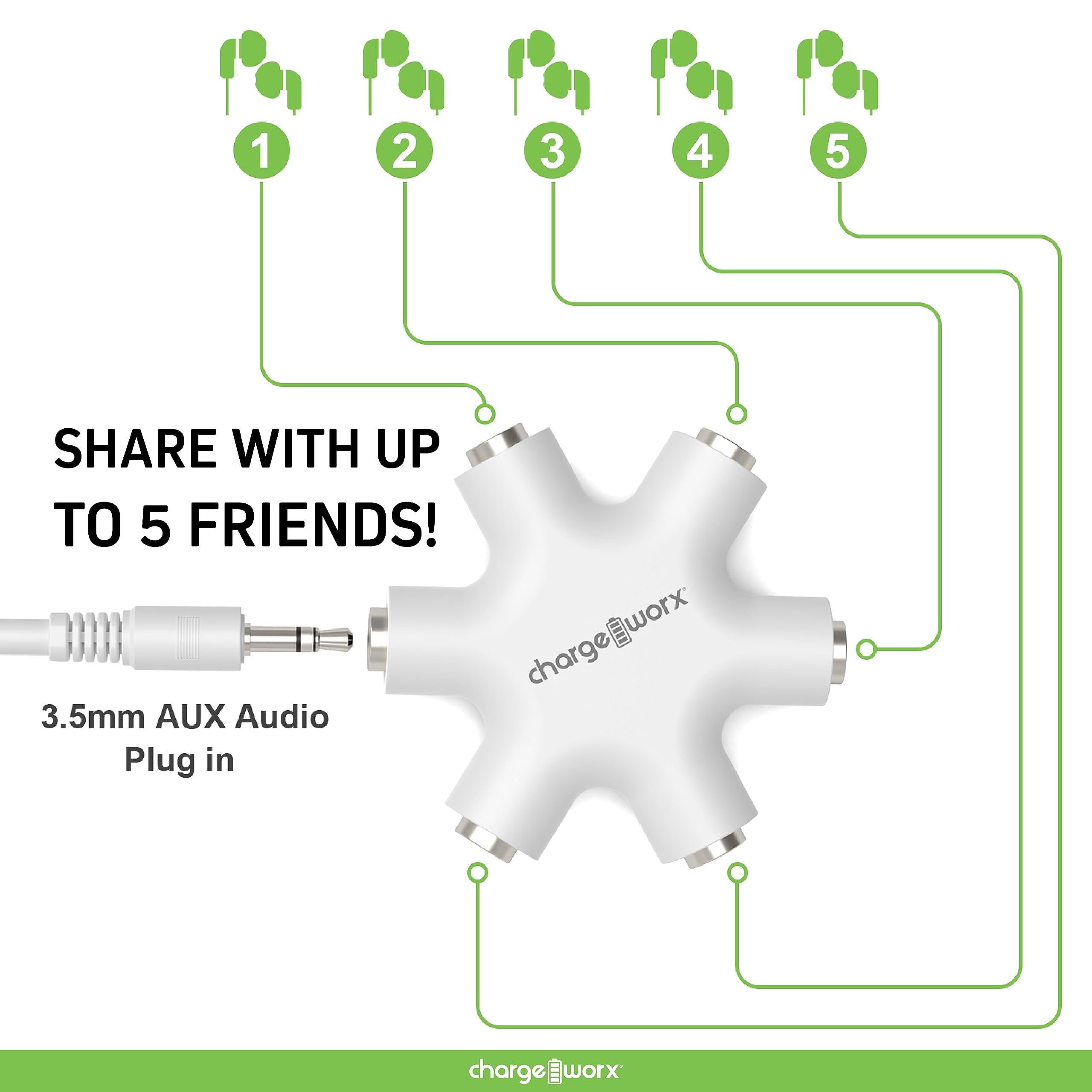 Chargeworx 3.5mm 5-Way Audio Splitter Hub for Headphones Mic