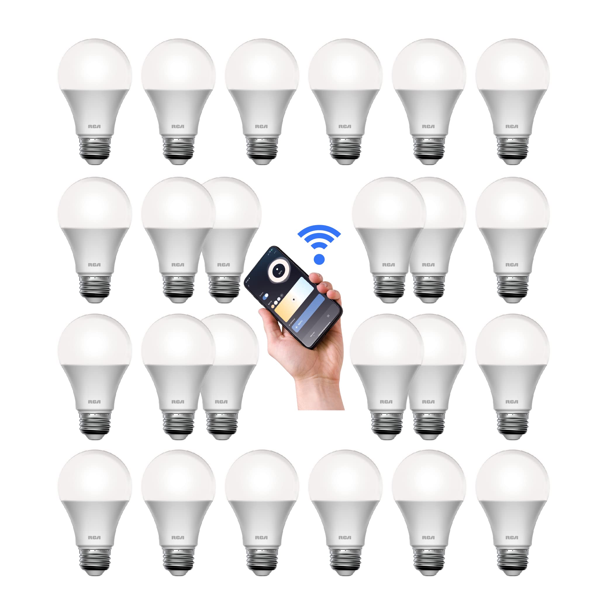 RCA Smart Light Bulbs, WiFi LED, Dimmable, 800 Lumens, 10W, Compatible with Alexa and Google, 2700K Soft White, 24-Pack
