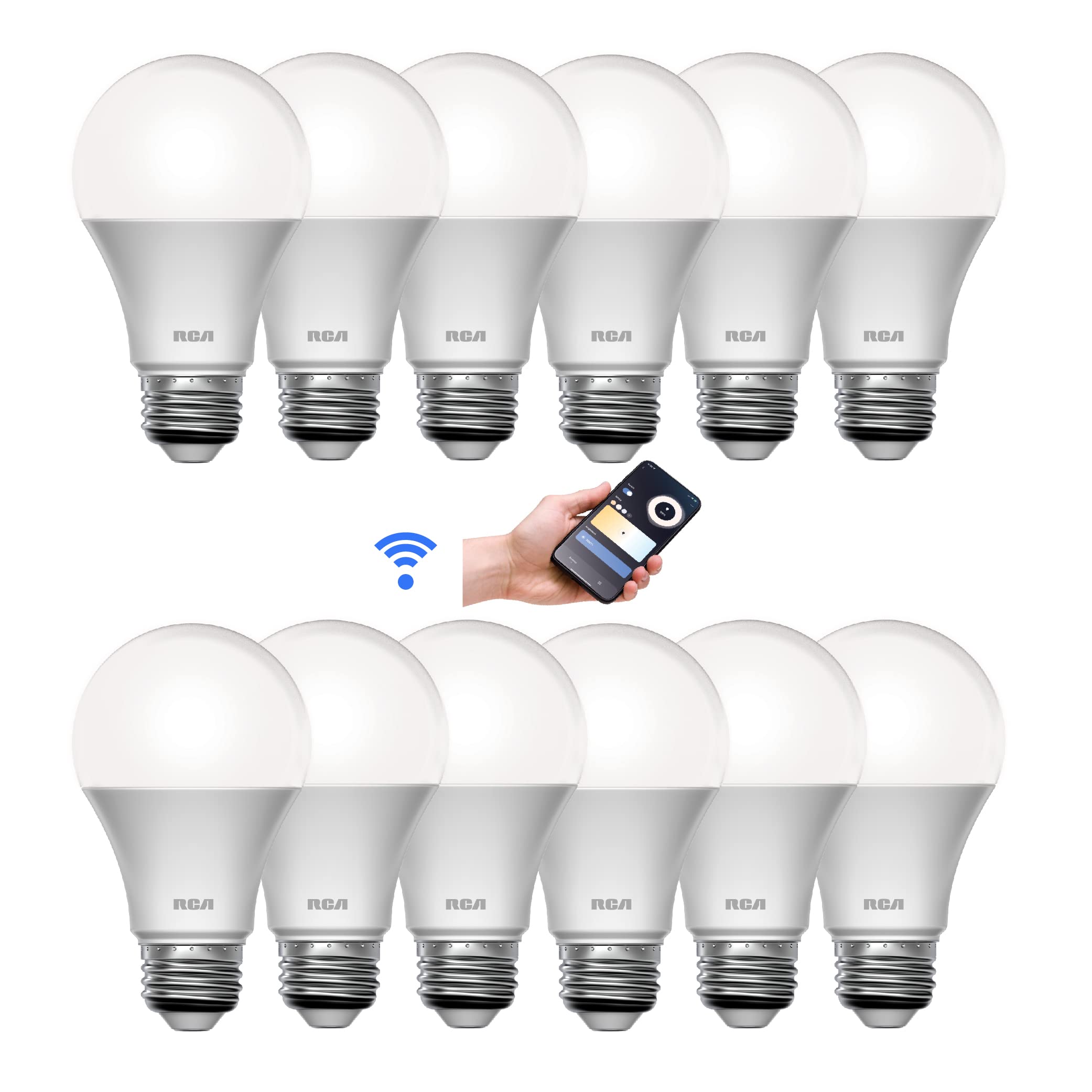 RCA Smart Light Bulbs, WiFi LED, Dimmable, 800 Lumens, 10W, Compatible with Alexa and Google, 2700K Soft White, 12-Pack