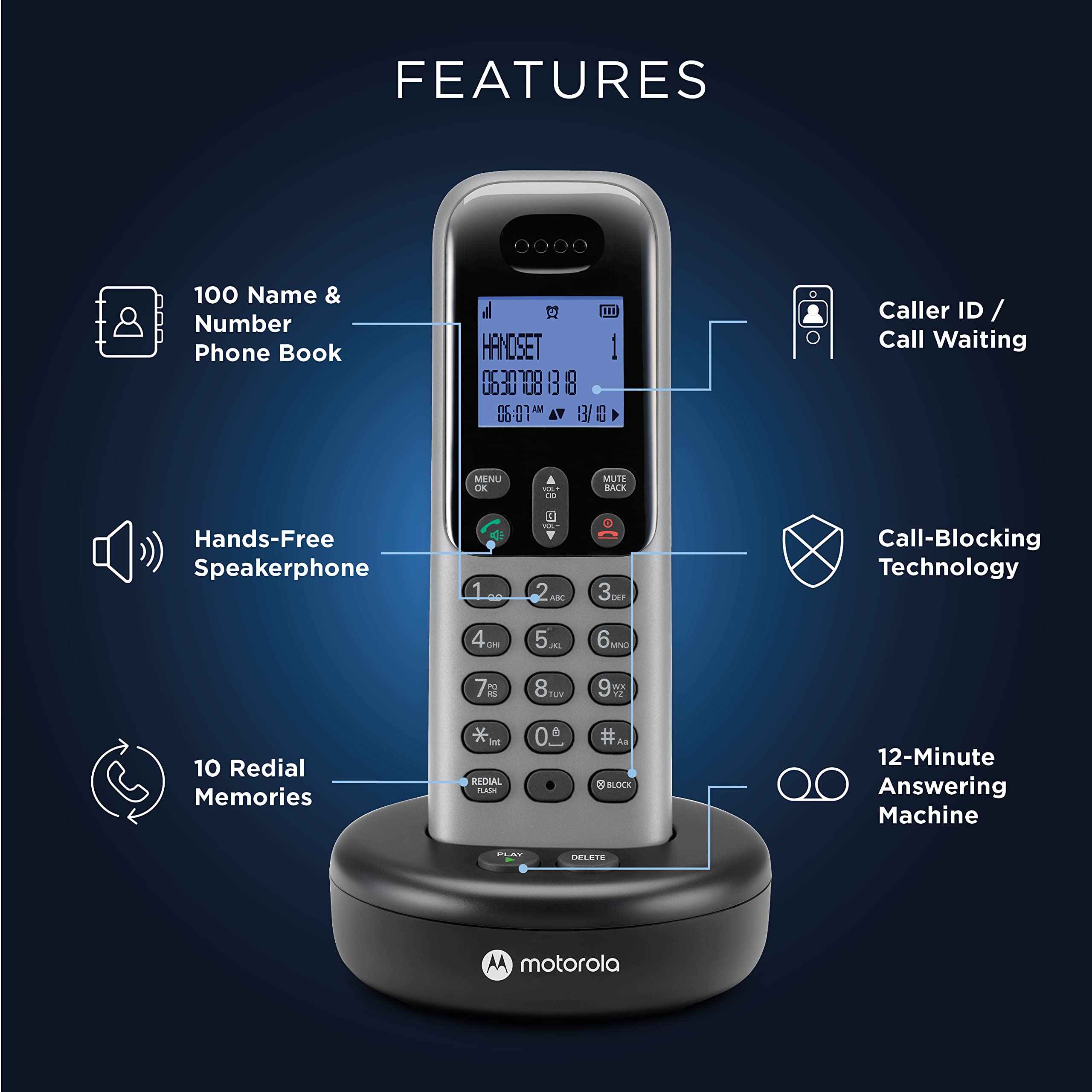 Motorola Voice Cordless Phone System, 2 Handsets, Dark Grey (T612)
