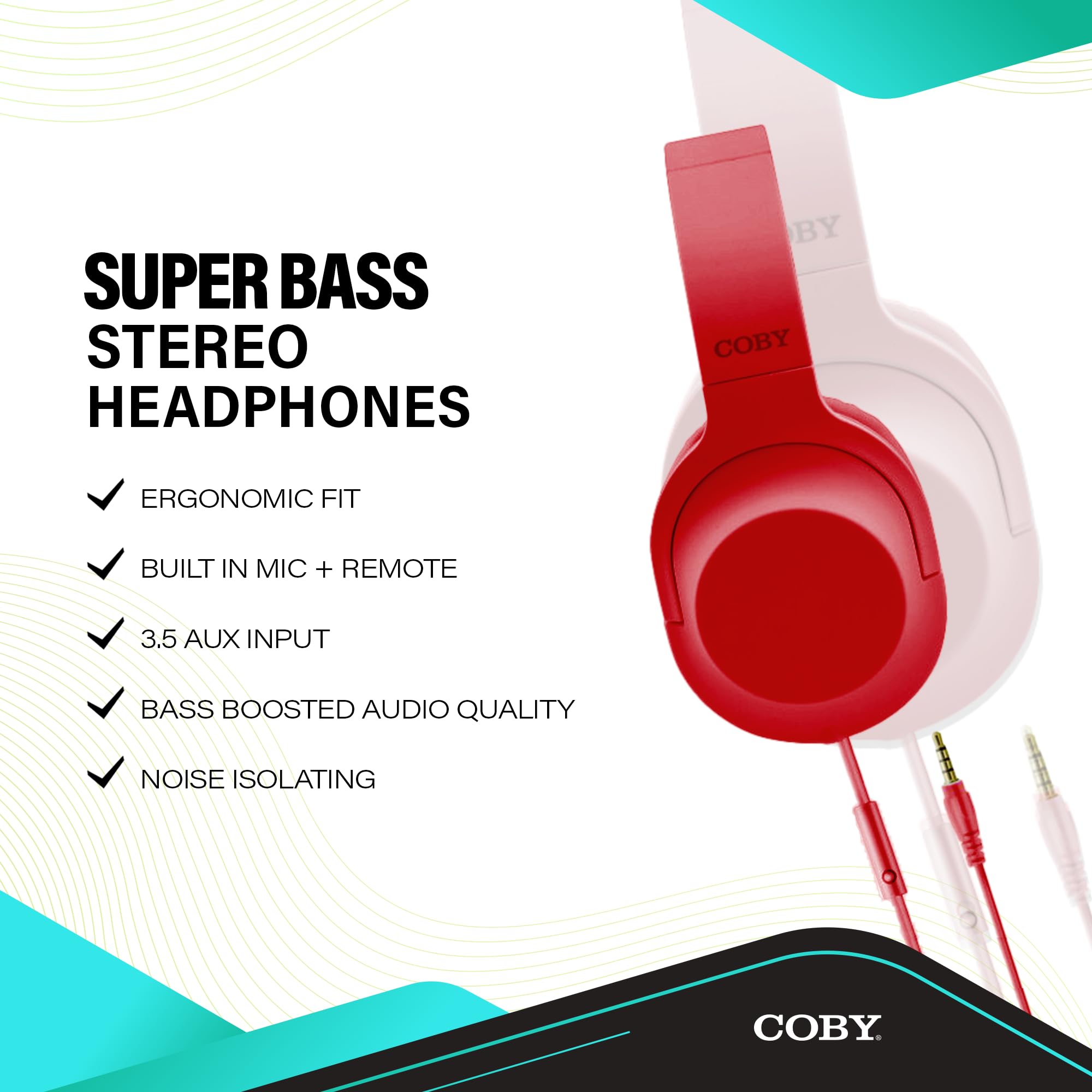 Coby Super Bass Stereo Wired Headphones, Adjustable