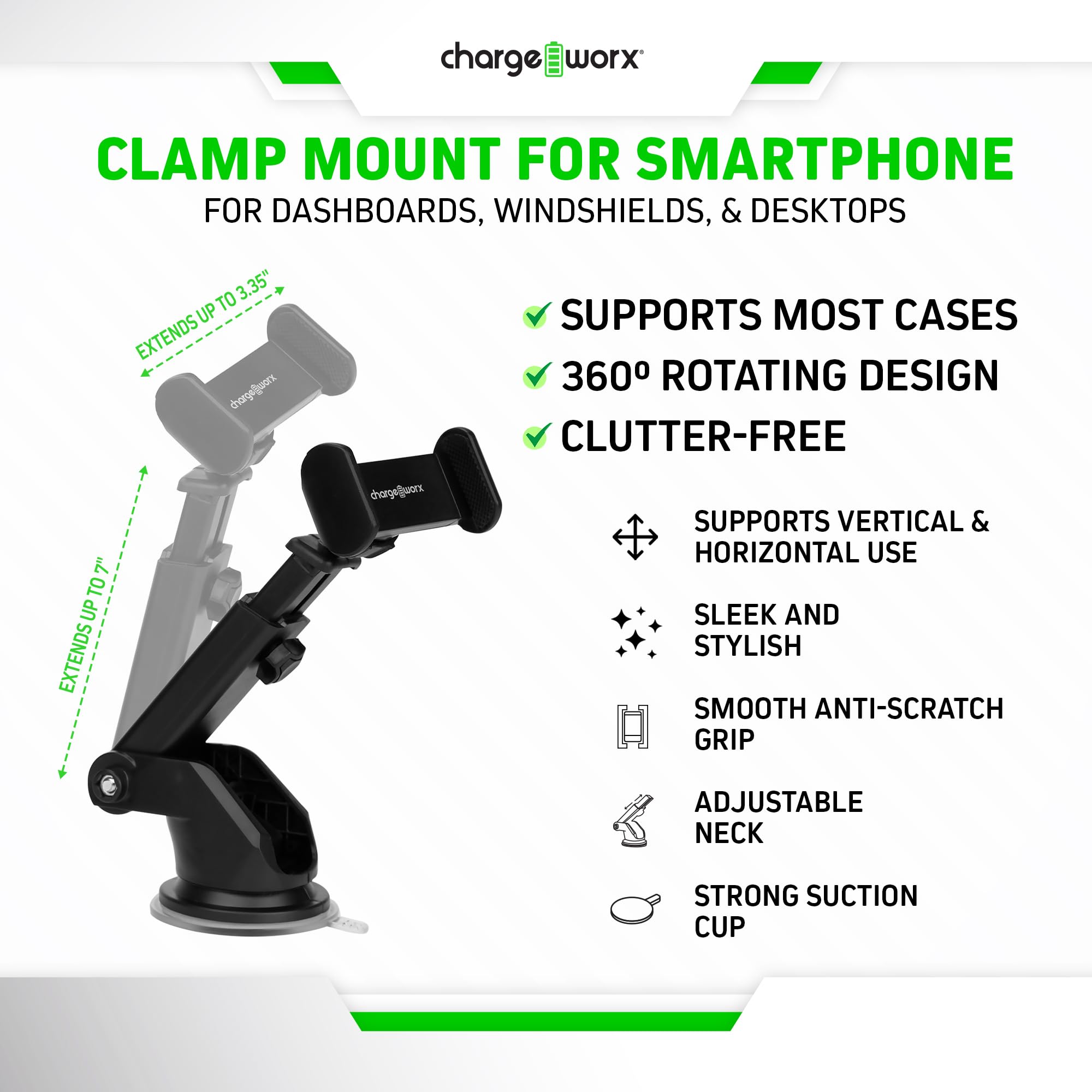 Chargeworx Suction Mount Smartphone Holder 360 Rotation Secure Anti-Scratch Grip