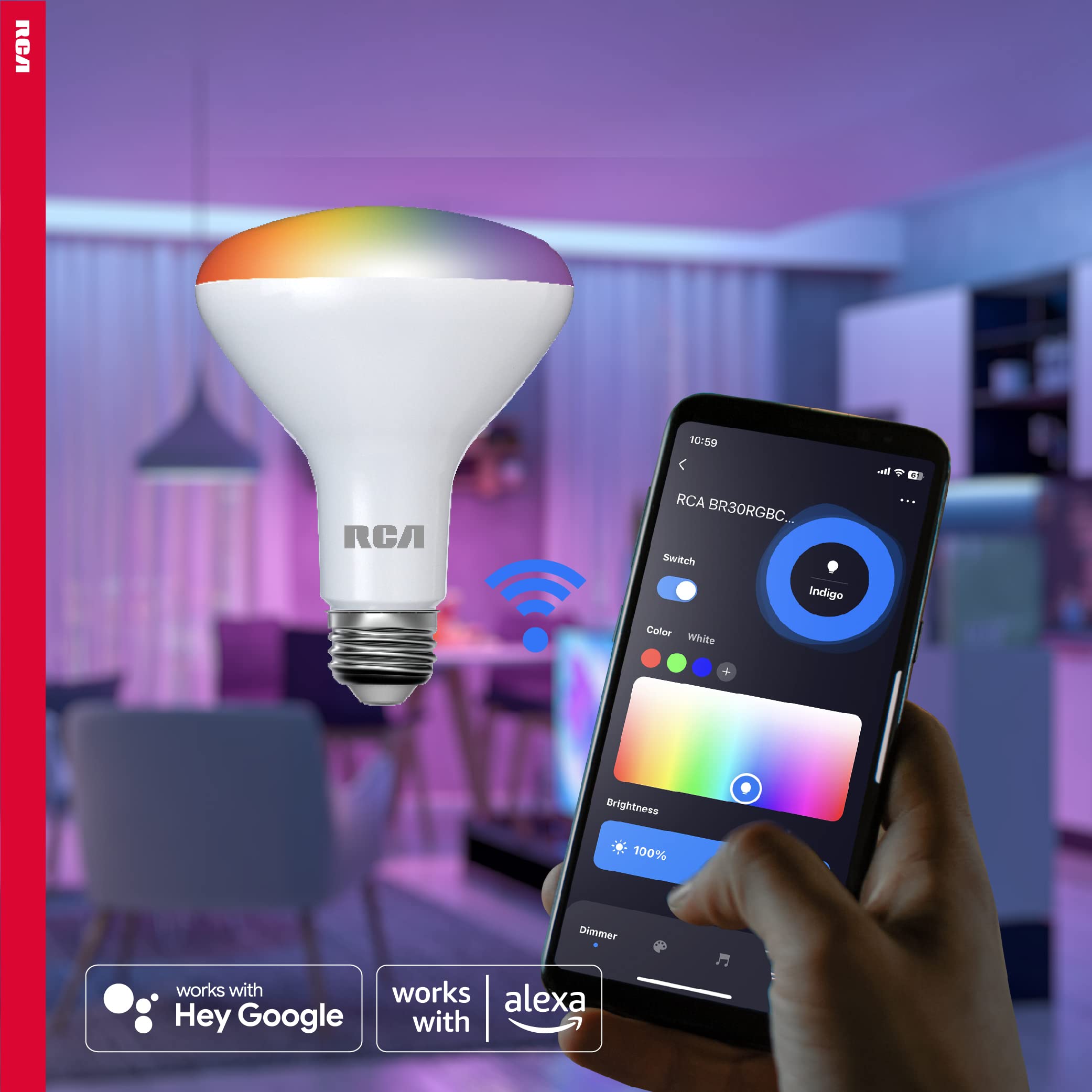 RCA WiFi LED Smart Light Bulb, Indoor Flood Light, 9W, 60W Equiv, Multicolor & White, BR30, 6-Pack