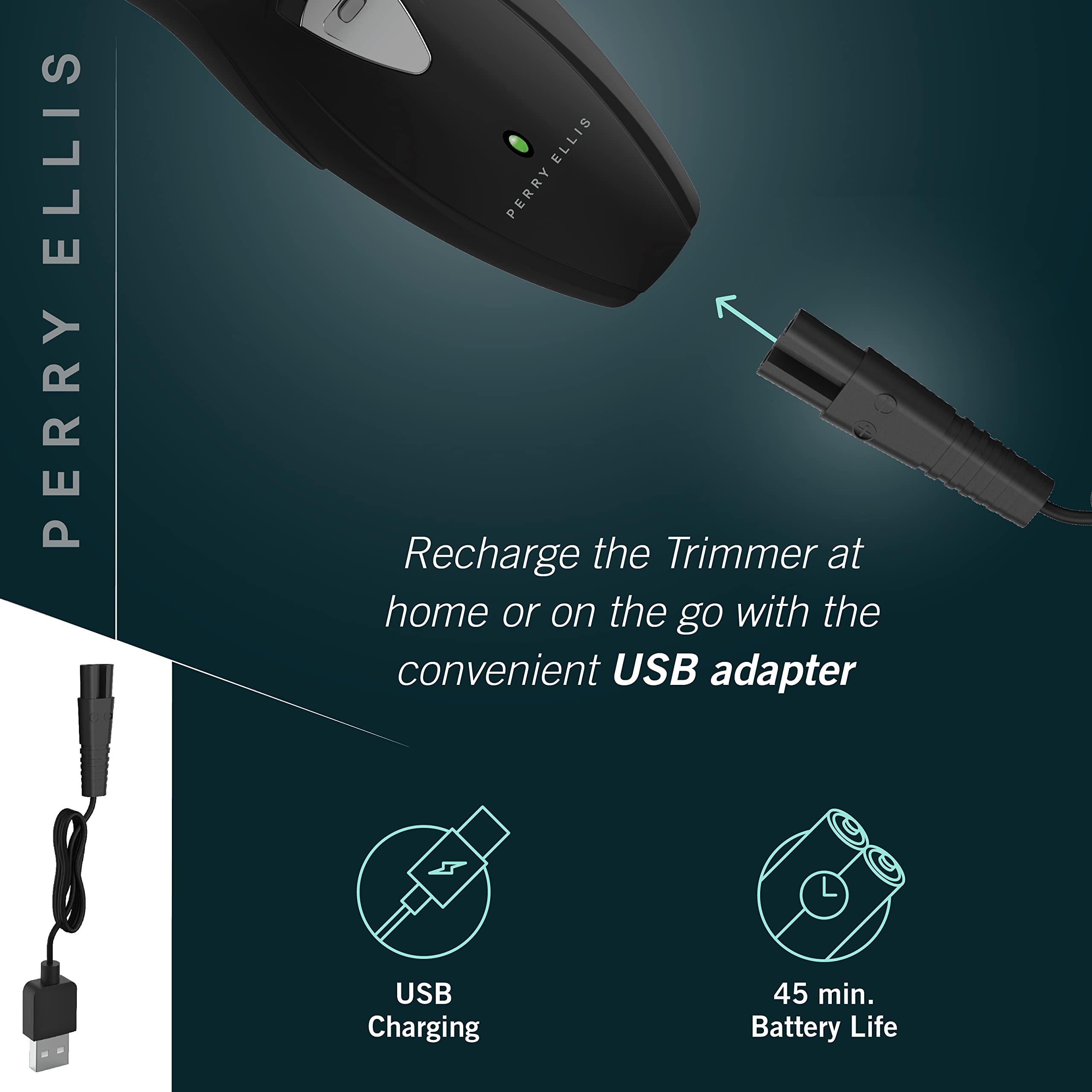 Perry Ellis Mens Electric Shaver, Pop-Up Trimmer, USB Rechargeable, Black