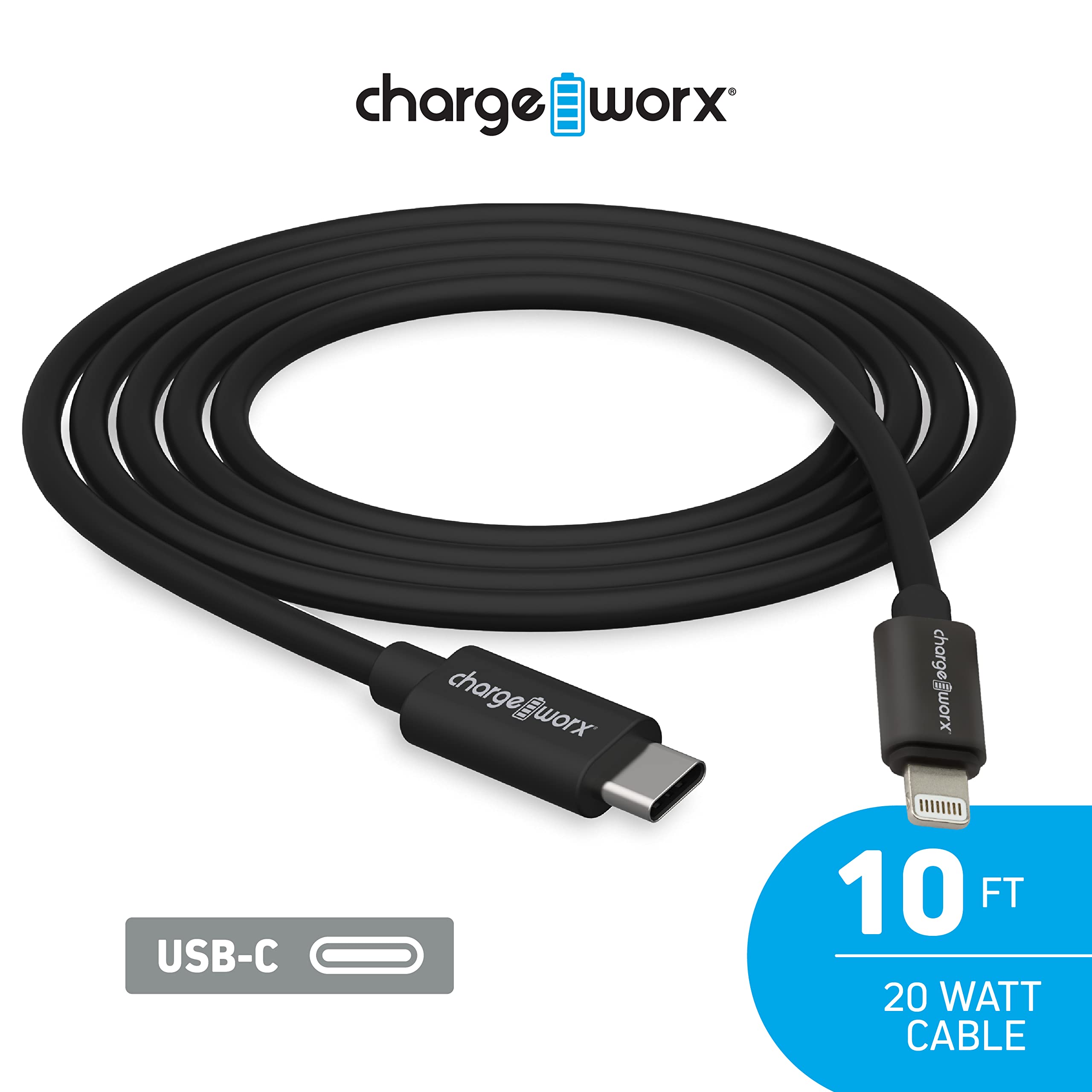 Chargeworx USB-C to Lightning 10ft Cable 20W PD MFI Certified
