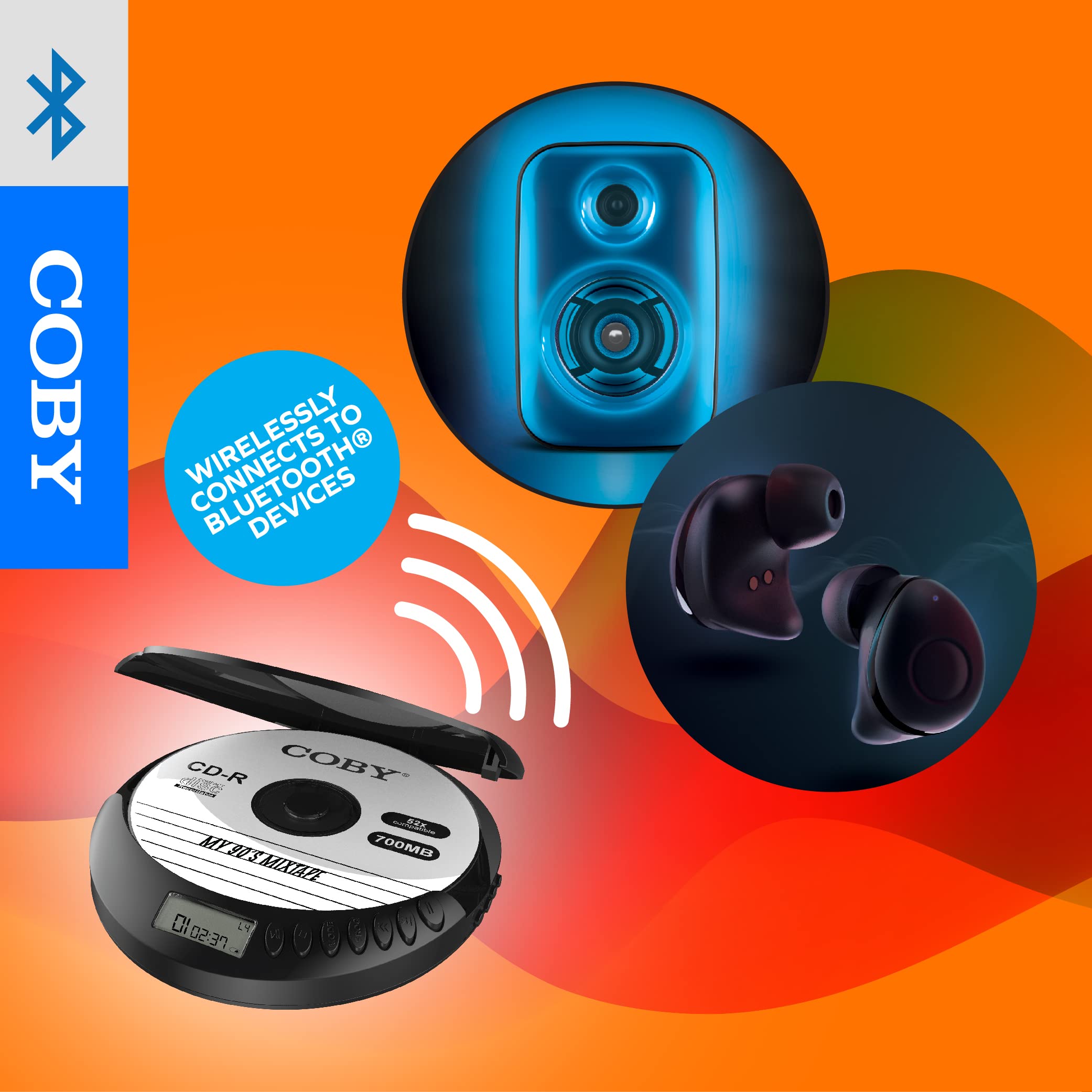 Coby Bluetooth CD Player Portable, FM, AUX, MP3 Anti-Skip Compact Discman