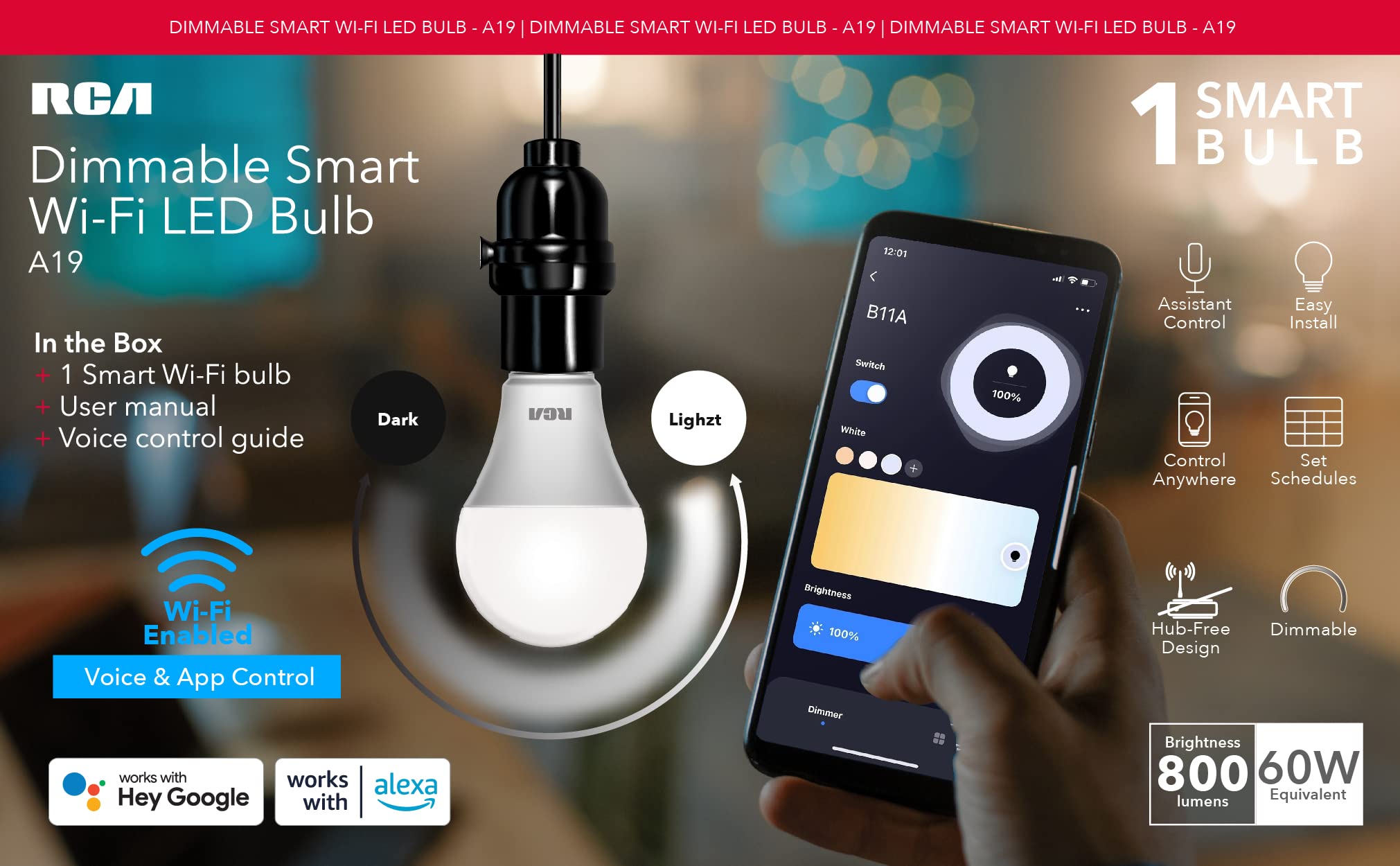 RCA Smart Light Bulbs, WiFi LED, Dimmable, 800 Lumens, 10W, Compatible with Alexa and Google, 2700K Soft White, 6-Pack