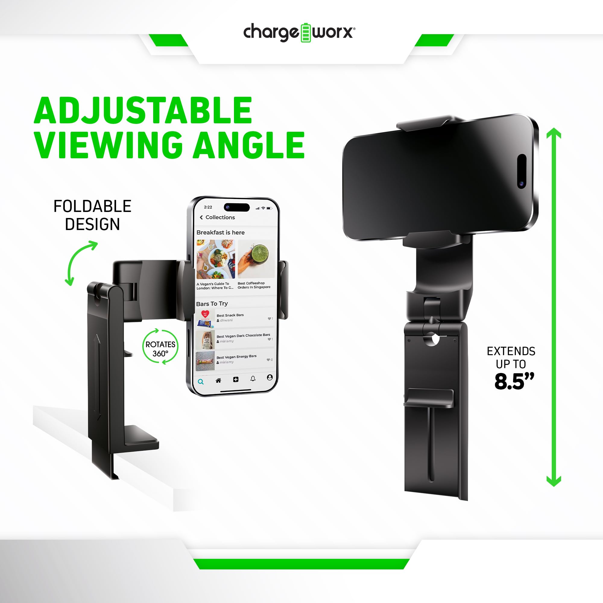 Chargeworx Foldable Hands-Free Smartphone Mount for Planes, Trains, Cars