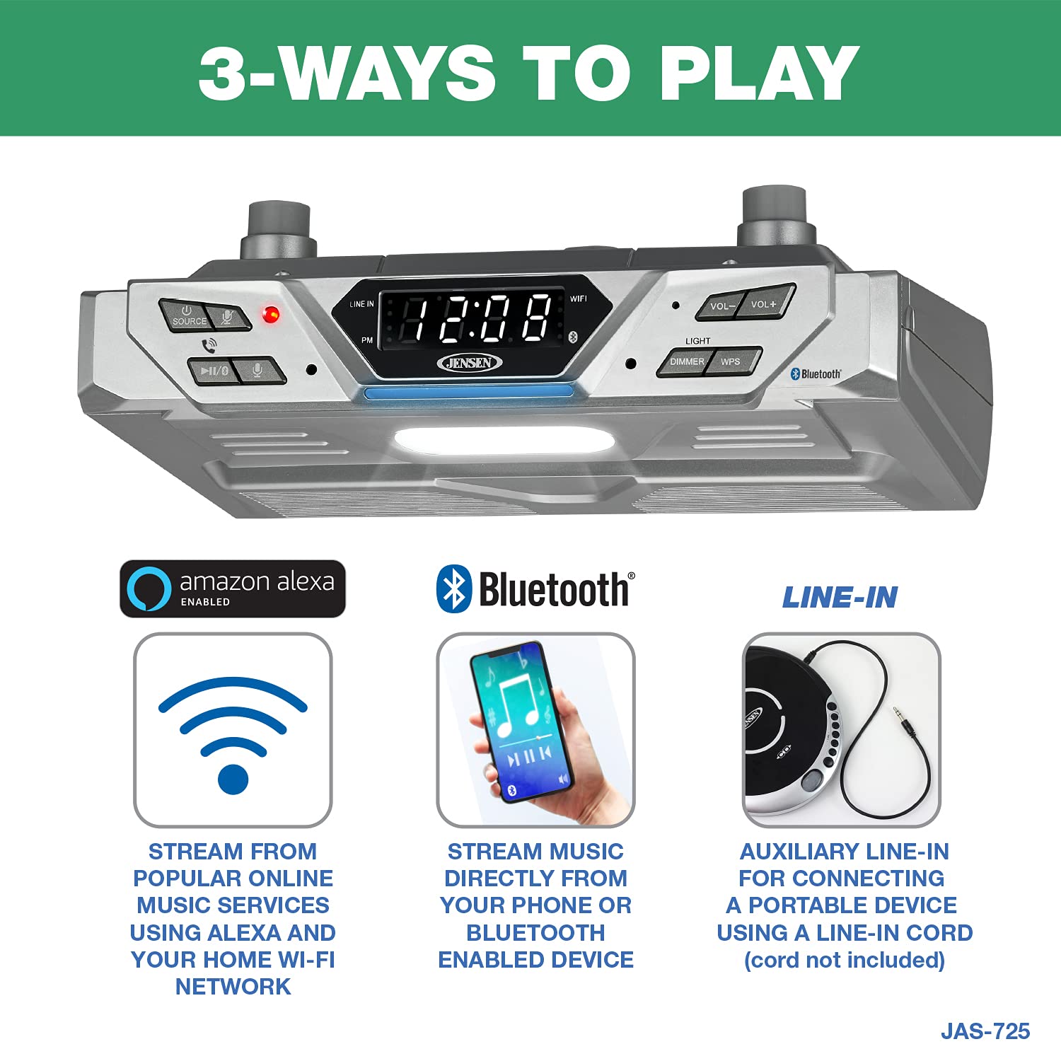 Jensen® Under Cabinet Bluetooth Music System with Alexa Far-Field and Tap to Talk
