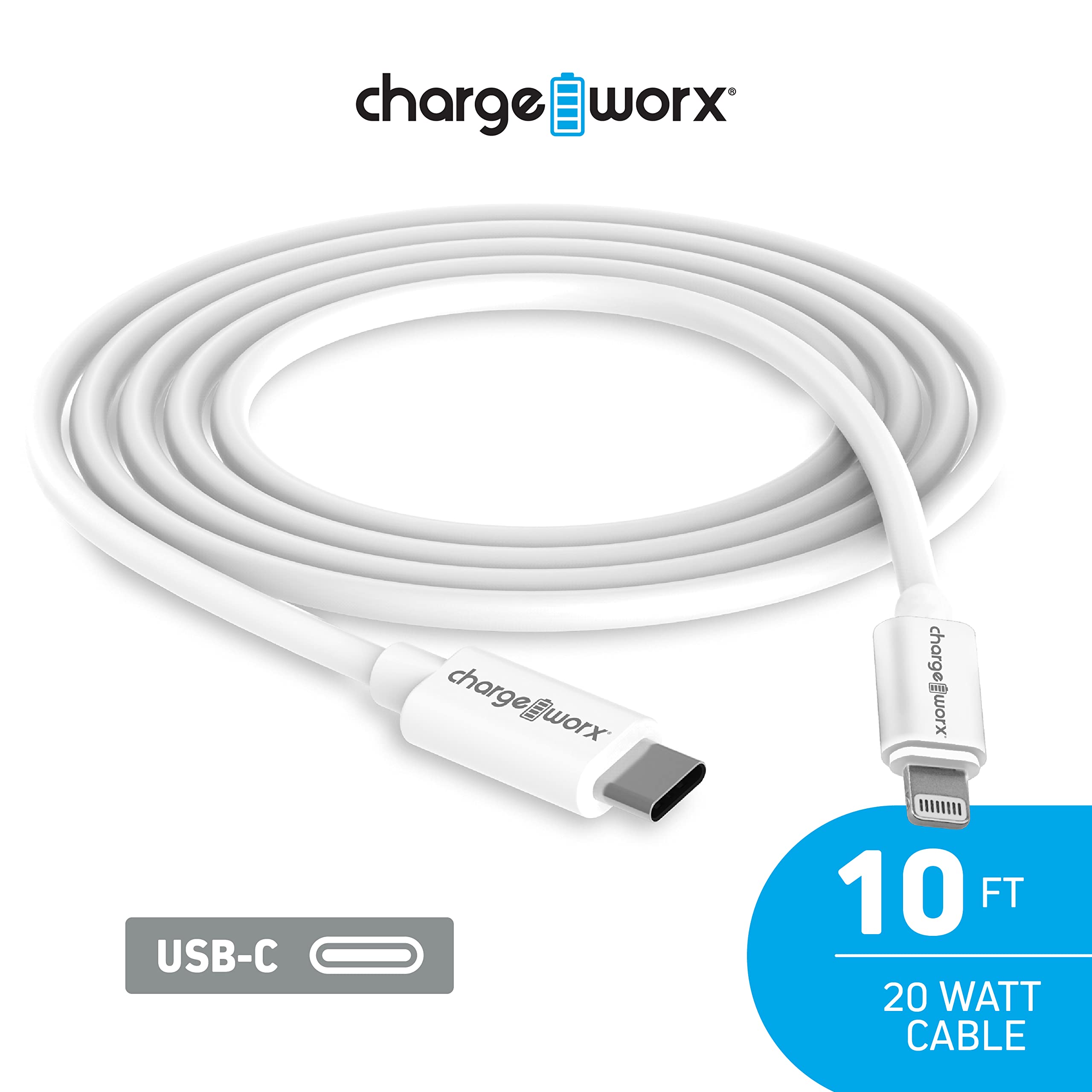 Chargeworx USB-C to Lightning 10ft Cable 20W PD MFI Certified