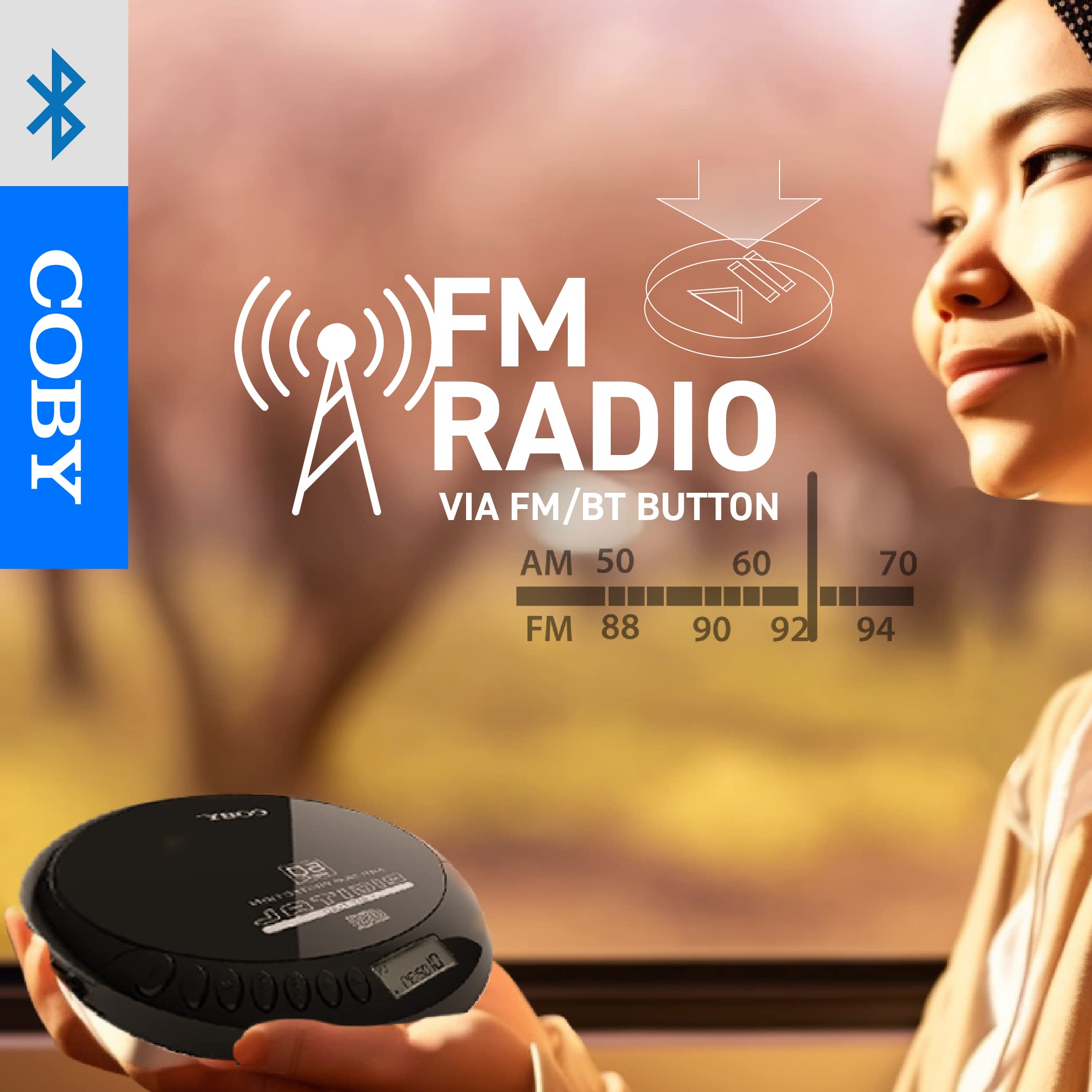 Coby Bluetooth CD Player Portable, FM, AUX, MP3 Anti-Skip Compact Discman