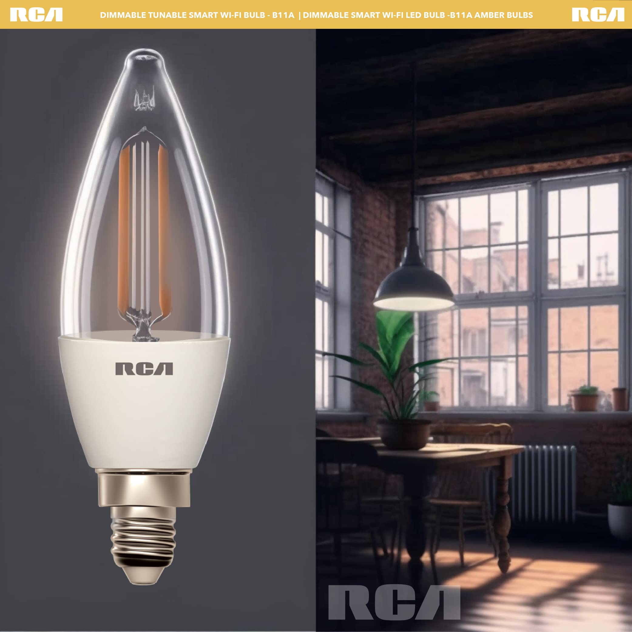 RCA Dimmable and Tunable Wi-Fi Amber LED Smart Light Bulbs, Vintage B11, 4W, 320 Lumens, 6-Pack