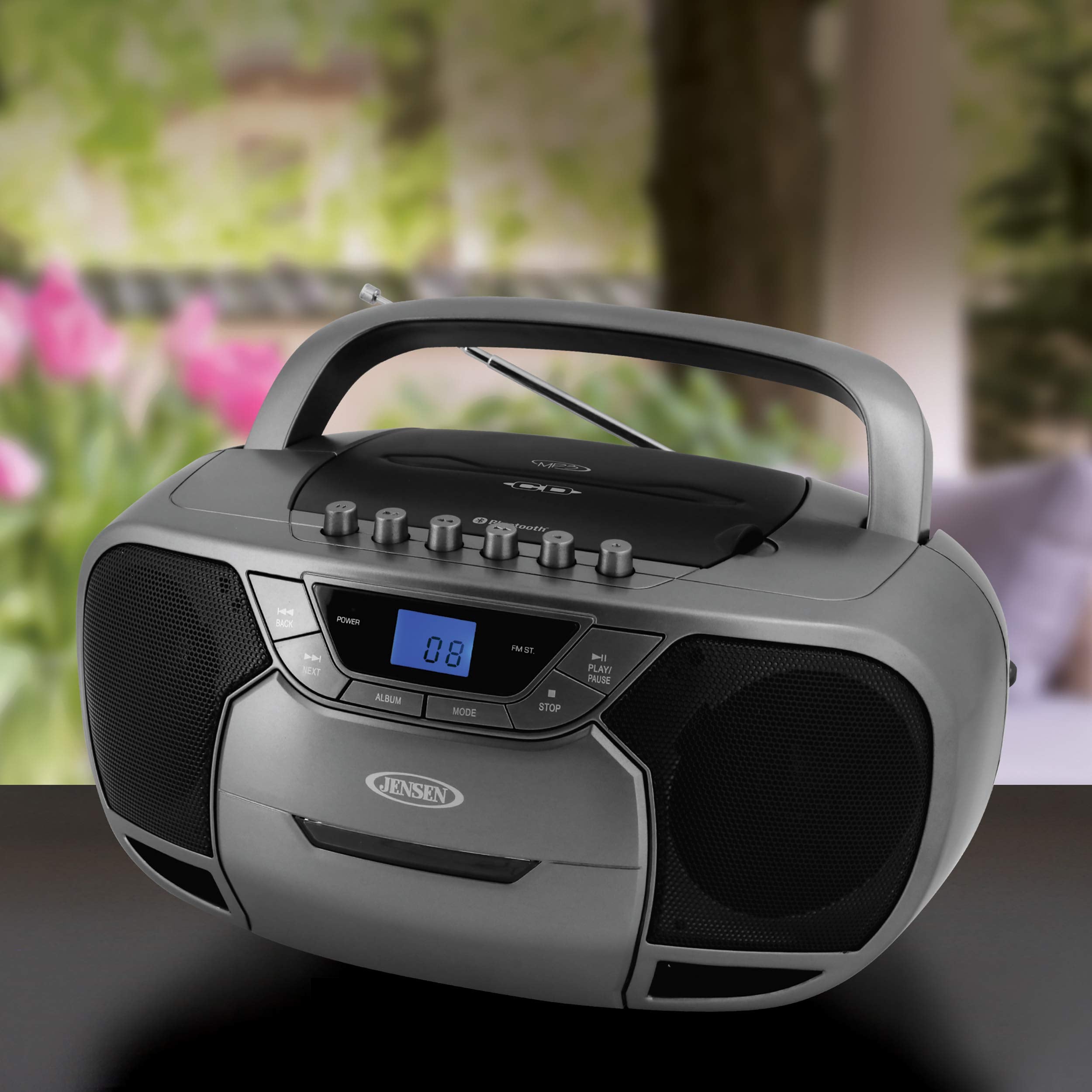 JENSEN CD-590-GR CD-590 1-Watt Portable Stereo CD and Cassette Player/Recorder with AM/FM Radio and Bluetooth