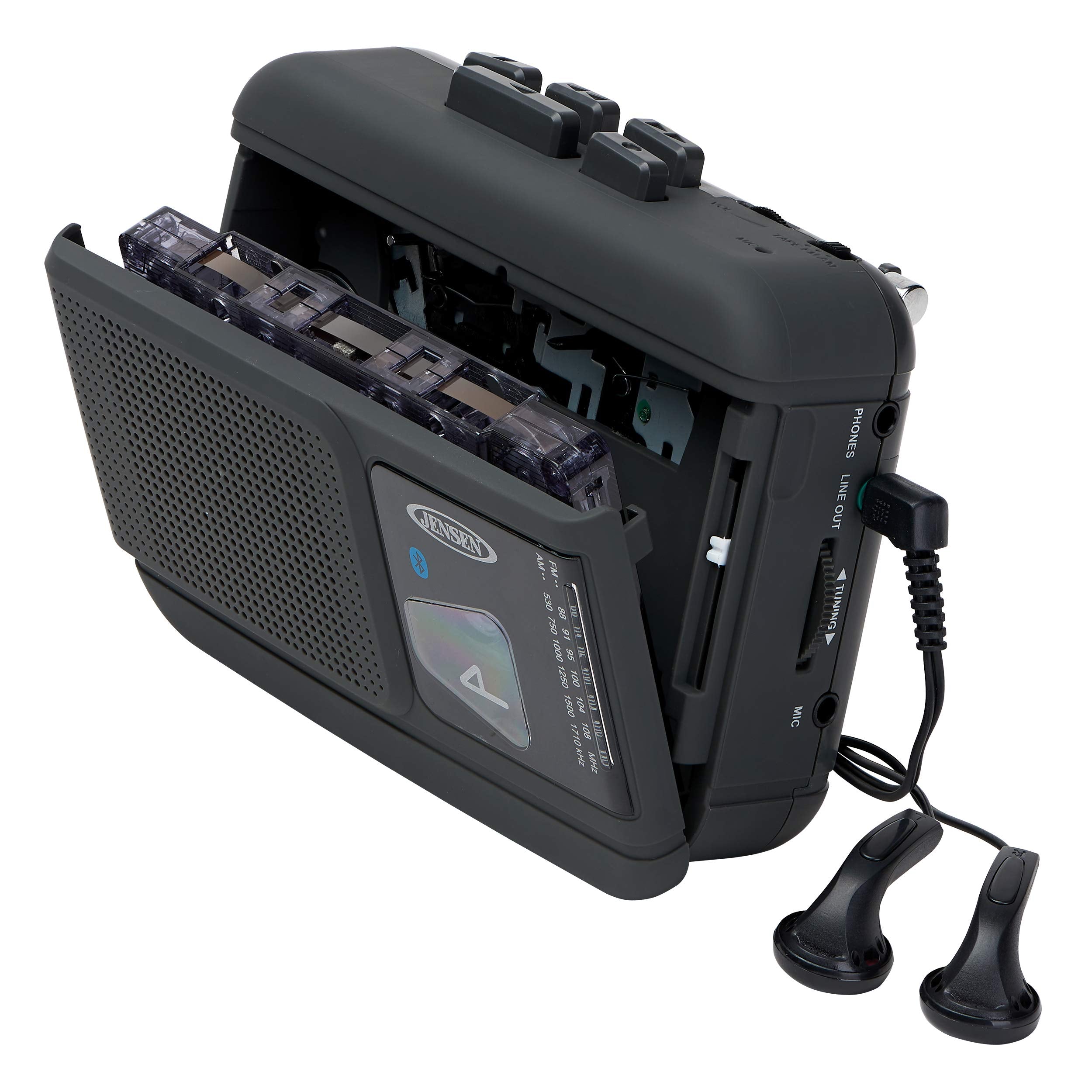 JENSEN MCR-60 MCR-60 Portable Personal Cassette Player/Recorder with AM/FM Radio, Bluetooth, and Earbuds, Black