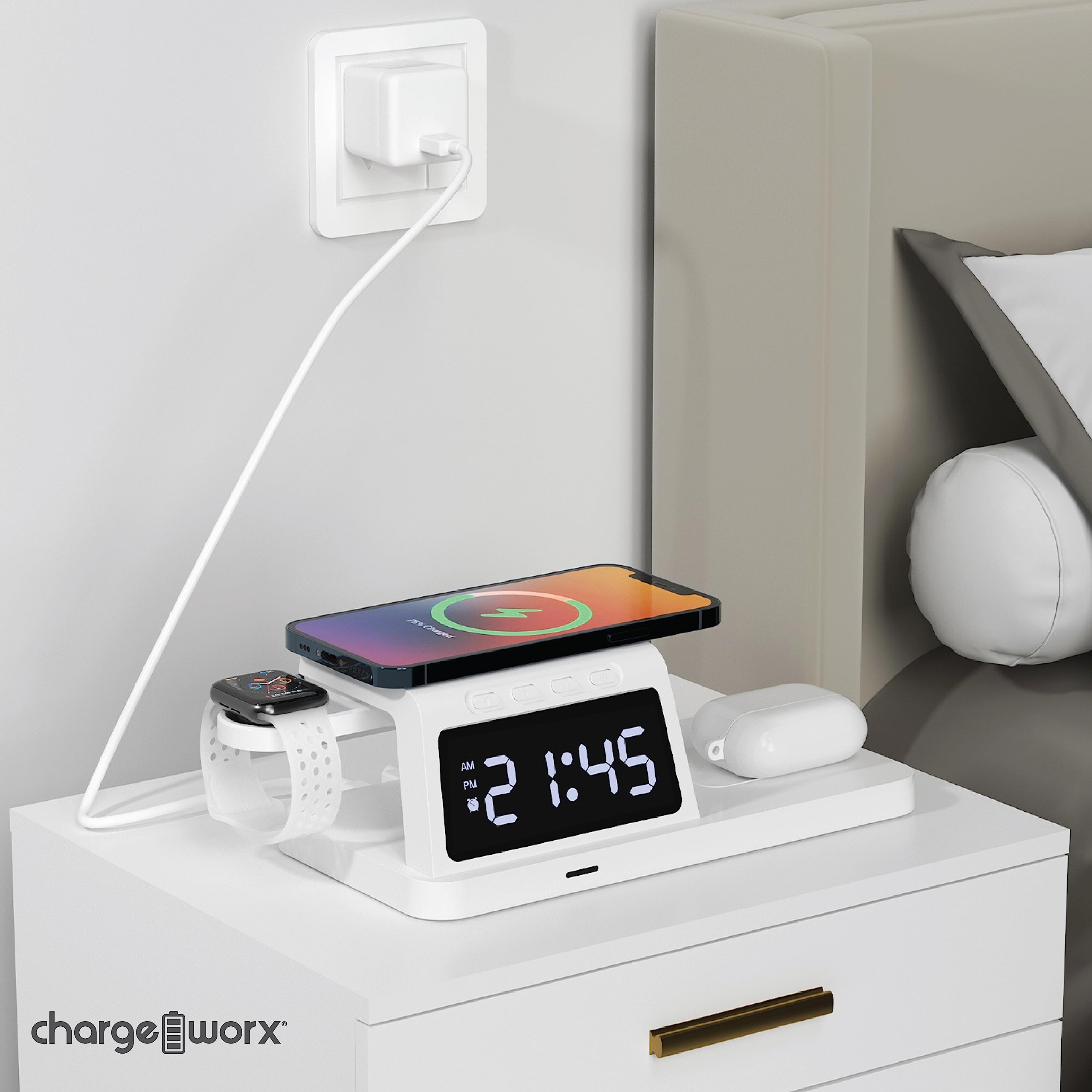 Chargeworx 4-in-1 Wireless Charge Alarm Clock