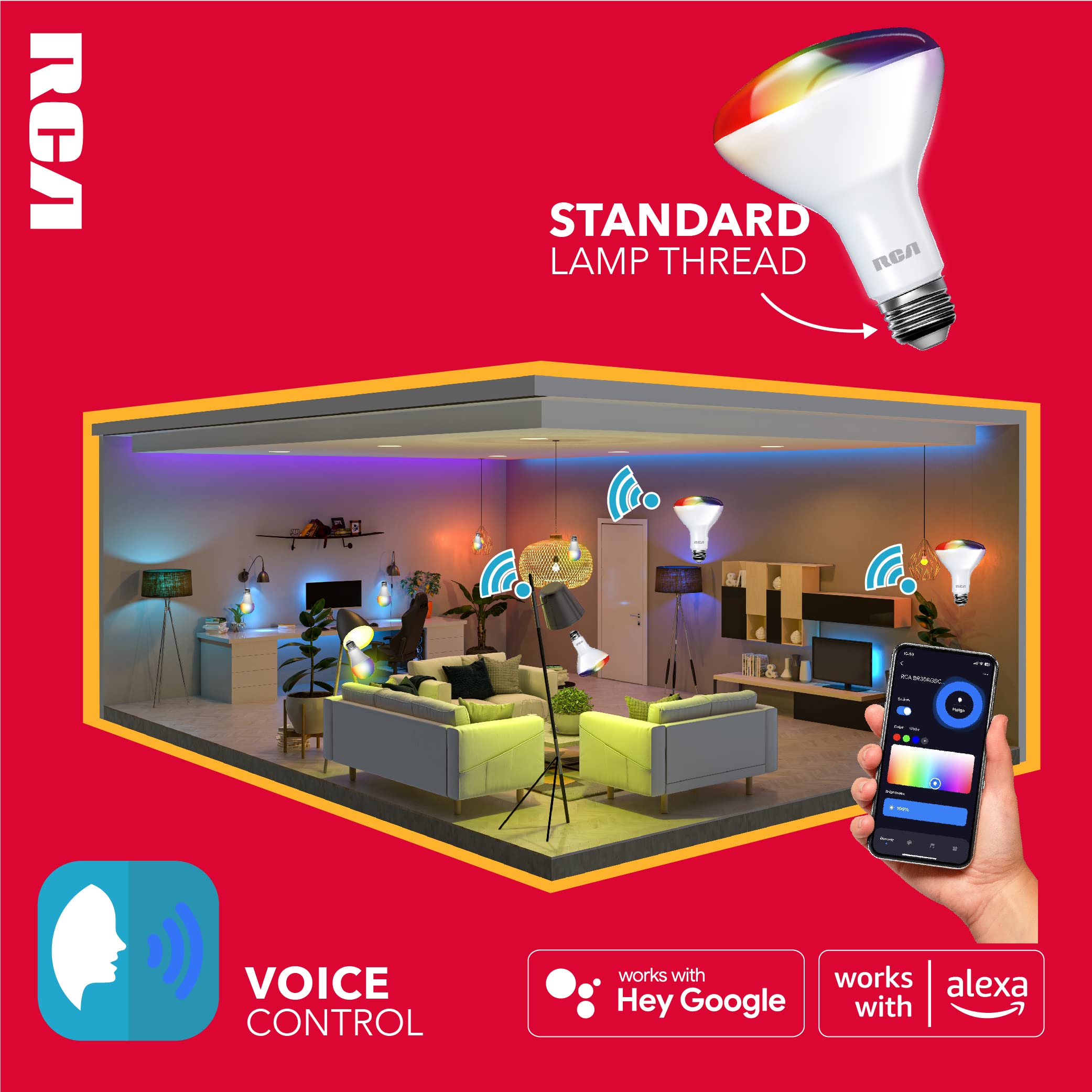 RCA WiFi LED Smart Light Bulb, Indoor Flood Light, 9W, 60W Equiv, Multicolor & White, BR30, 24-Pack
