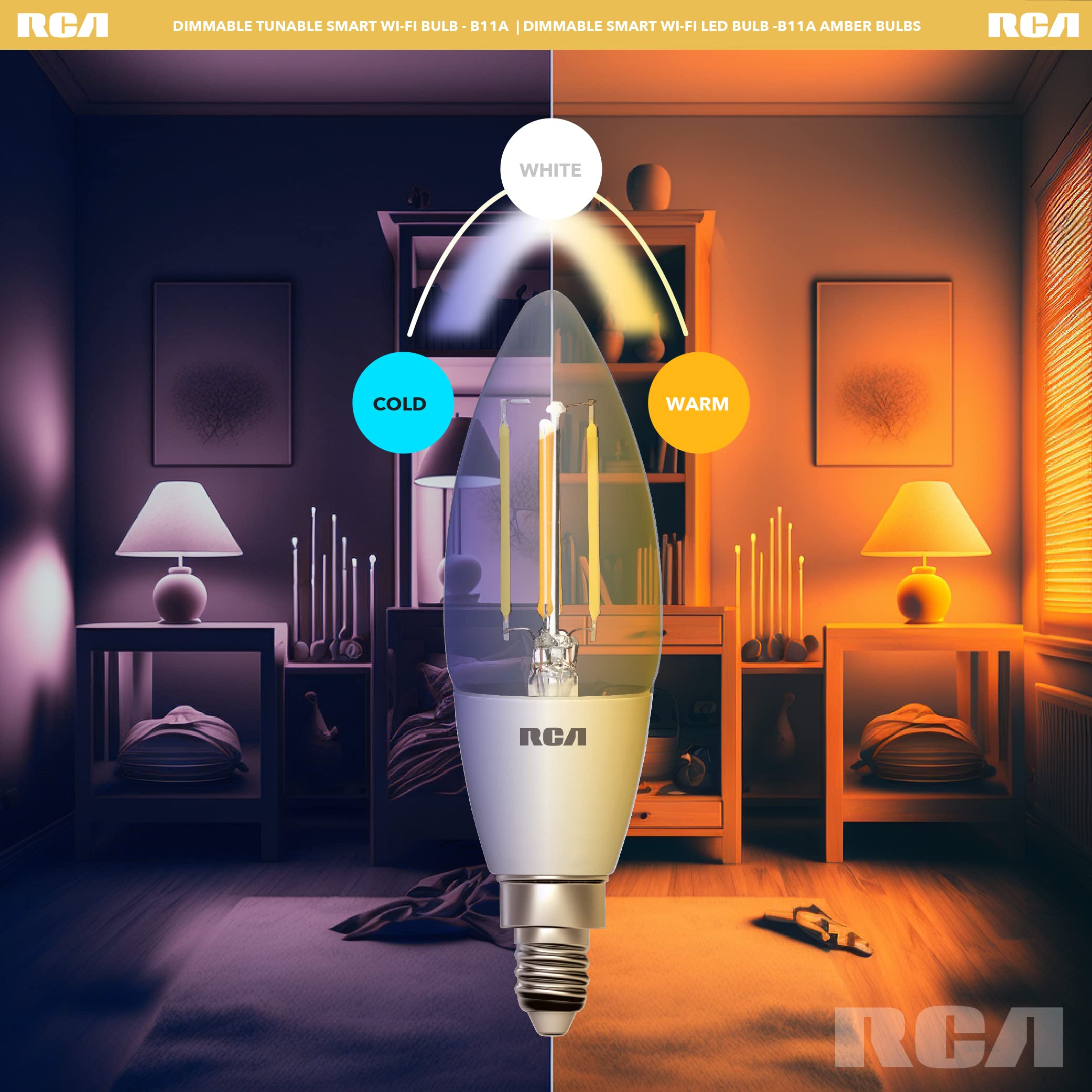 RCA Dimmable and Tunable Wi-Fi Amber LED Smart Light Bulbs, Vintage B11, 4W, 320 Lumens, 4-Pack
