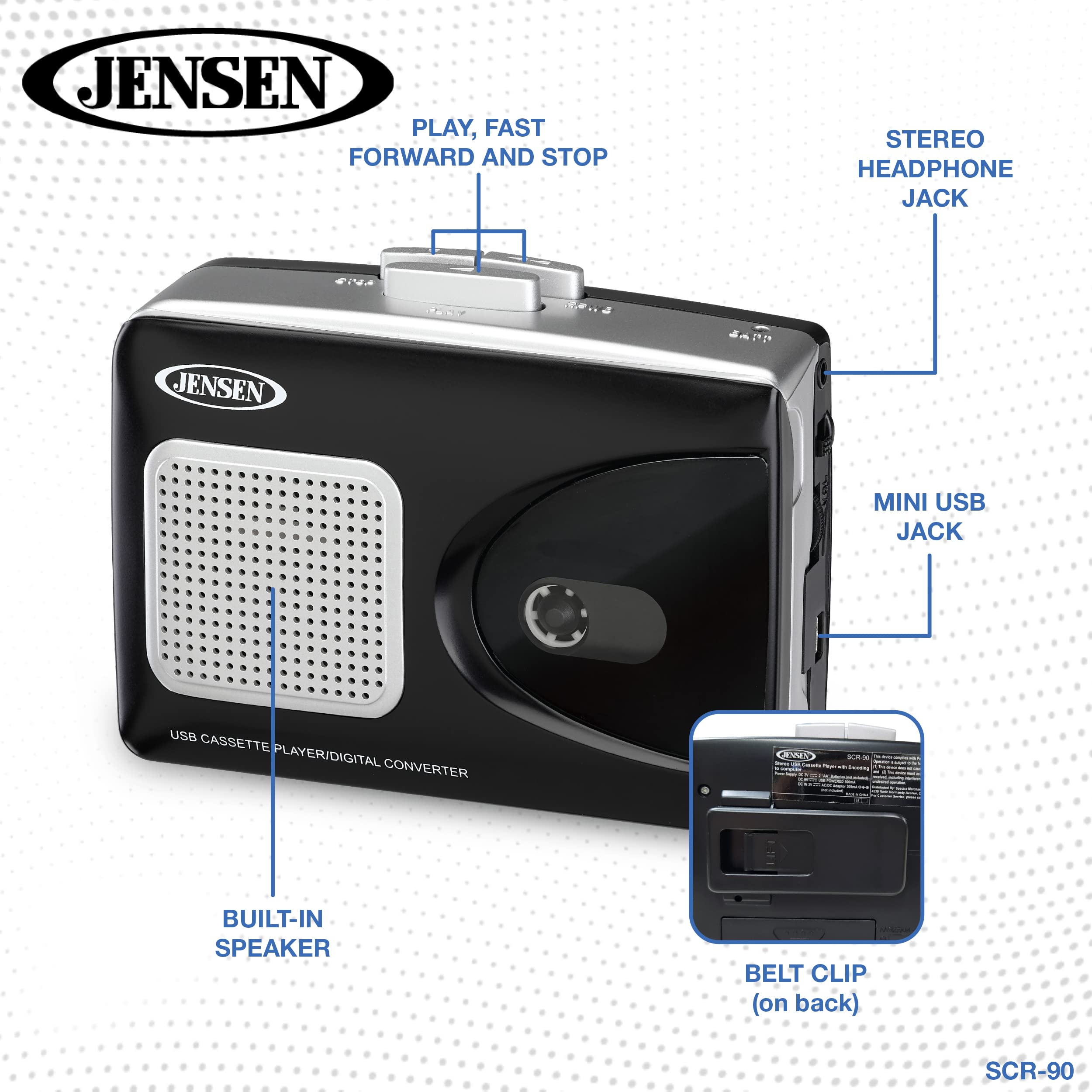 JENSEN SCR-90 Stereo USB Cassette Player with Encoding to Computer
