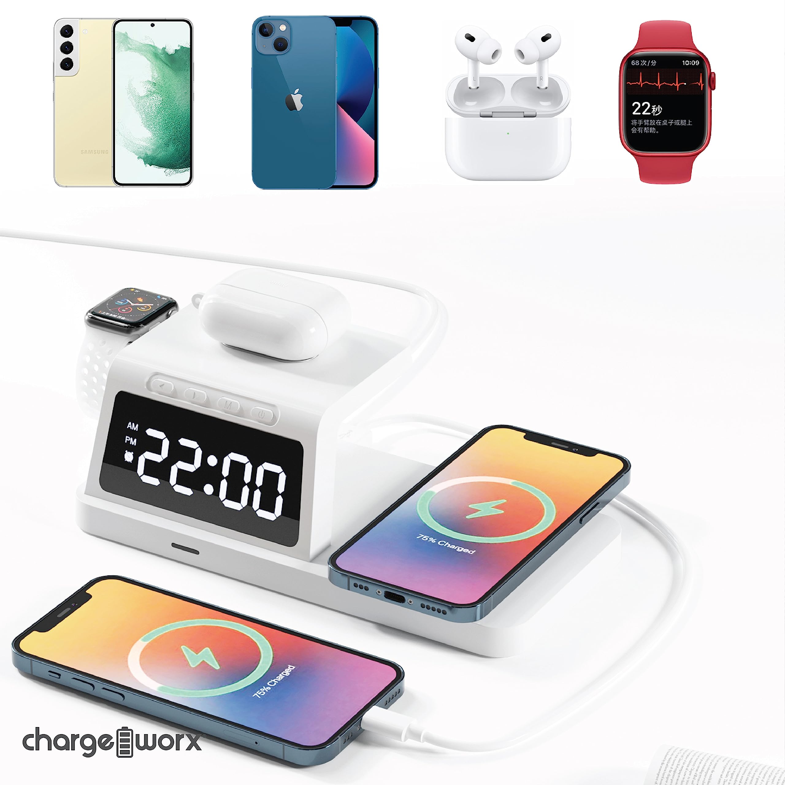 Chargeworx 4-in-1 Wireless Charge Alarm Clock