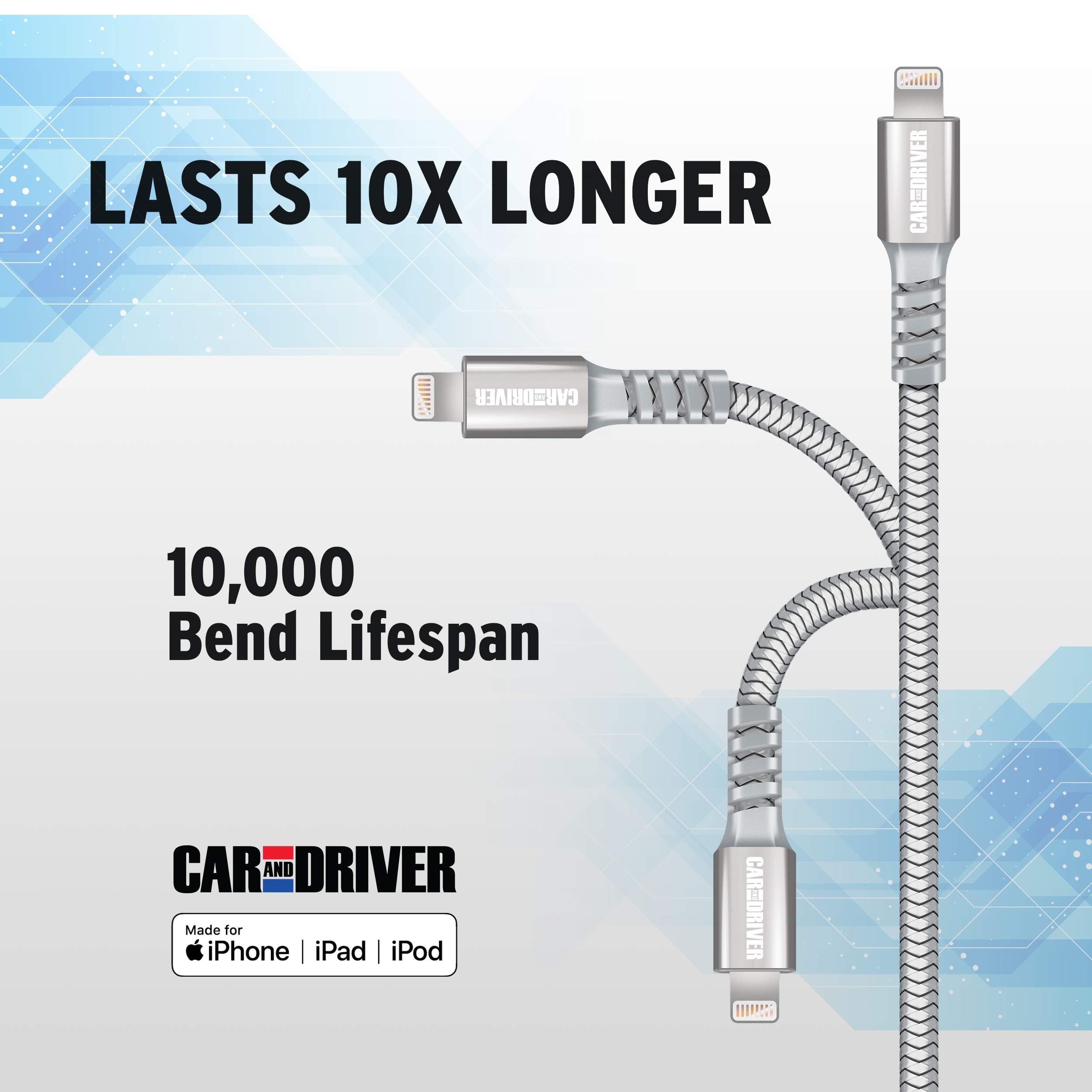 CAR AND DRIVER USB to Lightning Connector, 4 Braided Silver Cables