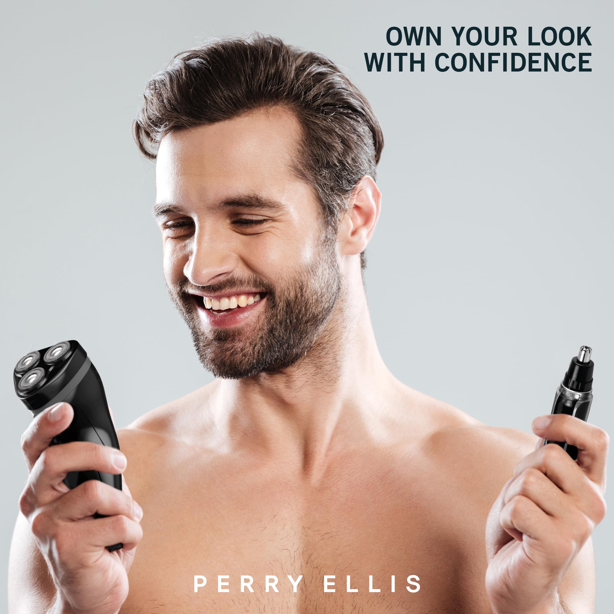 Perry Ellis Grooming Duo: Rechargeable Shaver, Nose & Ear Trimmer, 3 Foil Blades, Washable