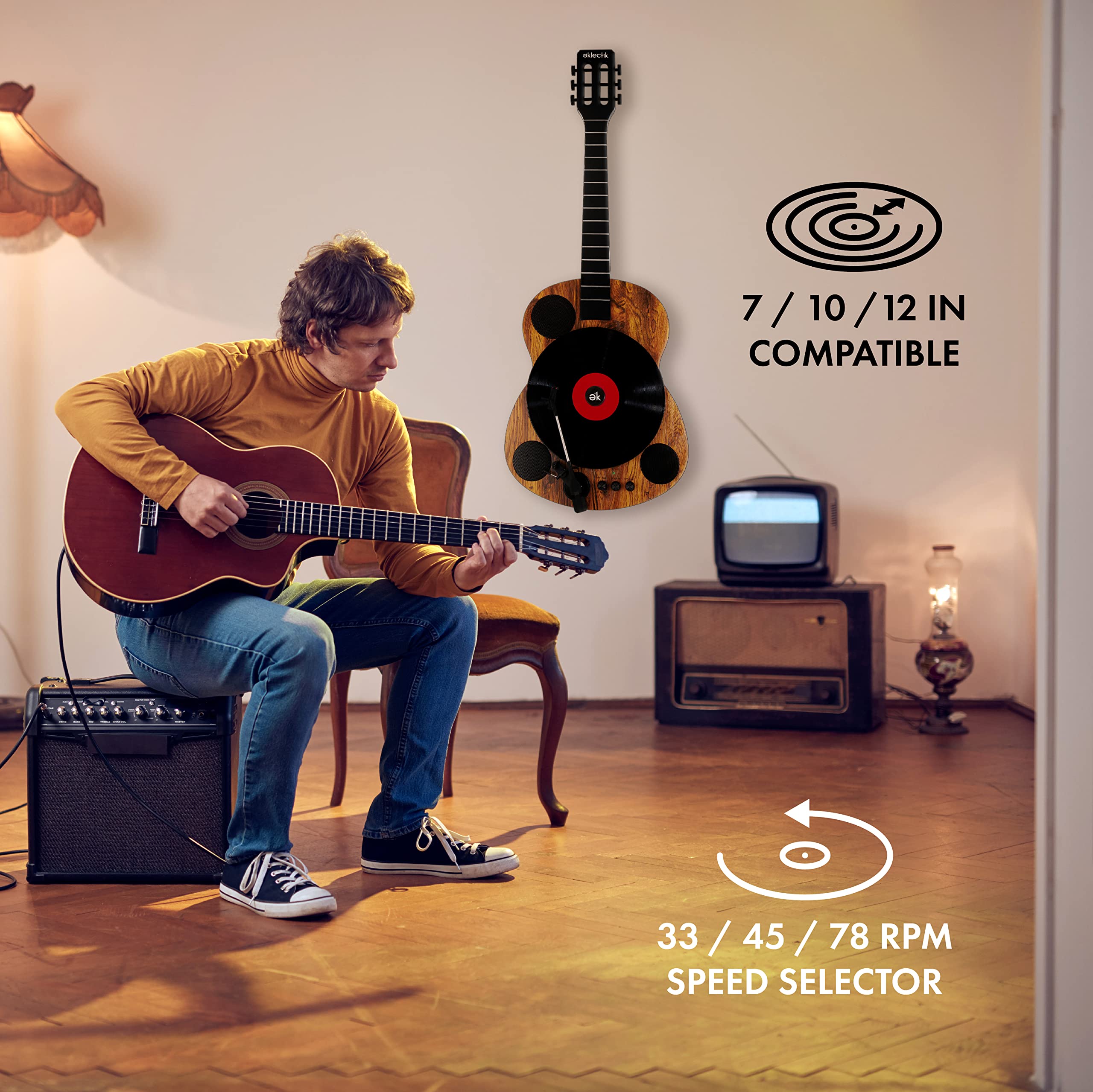 Eklectik Bluetooth Record Player Vertical Turntable Guitar Built-in Stereo Speakers